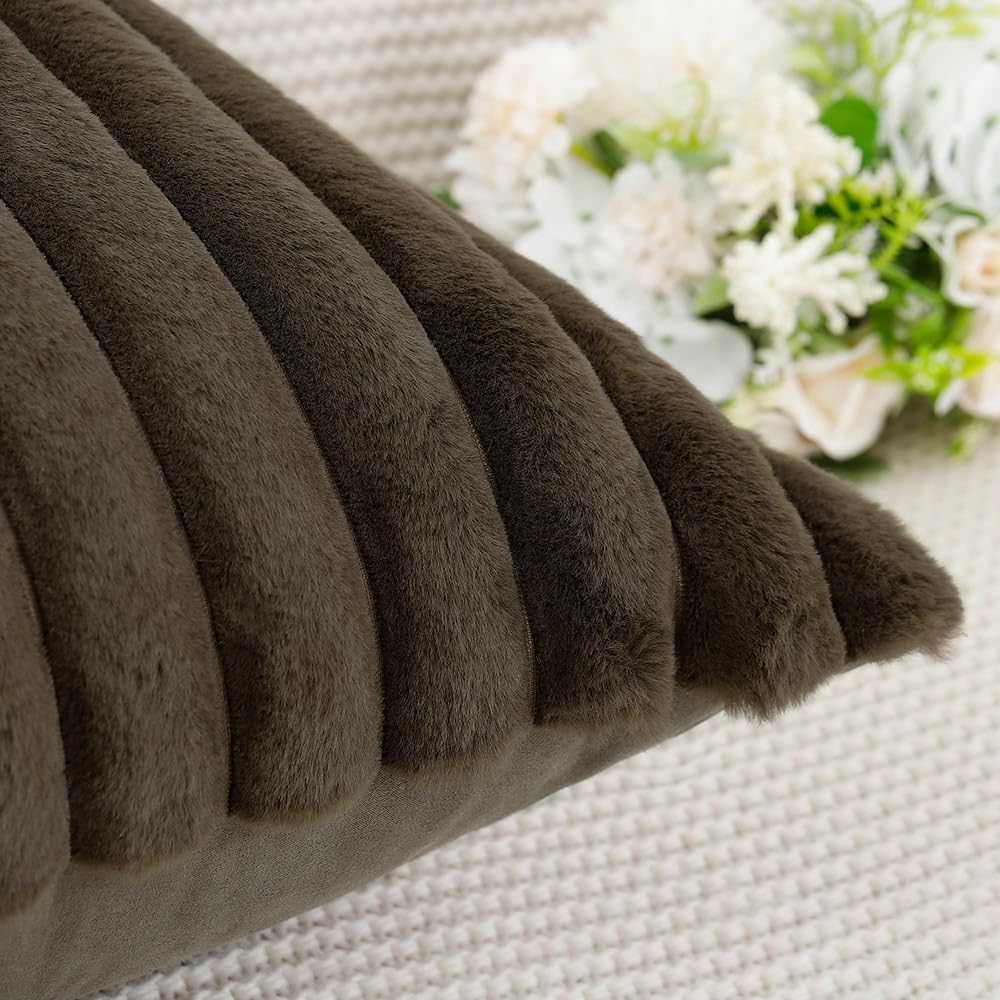 MADIZZ Set of 2 Faux Wool Plush Decorative Throw Pillow Covers 16x16 Inch Drak Brown Fluffy Striped Soft Decorative Cushion Cover for Sofa Bedroom Pillow Shell