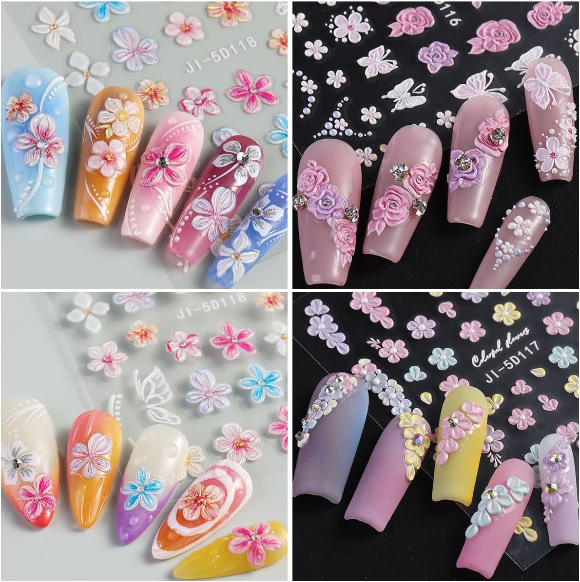 Flowers Nail Stickers 4 Sheets 5D Embossed Floral Nail Decals, Summer Neon Nail Design, 3D Acrylic Engraved Hibiscus Flowers Rose Butterfly Stickers for Nail Art Pegatinas Uñas