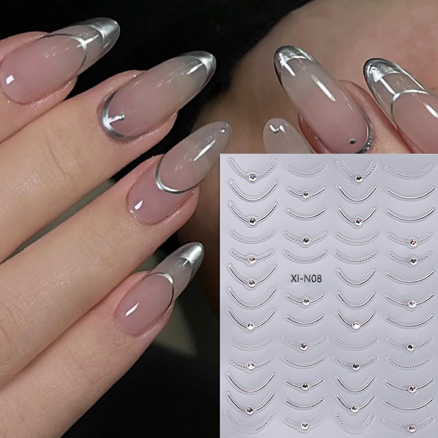 8Sheets French Line Nail Stickers, 3D Sticker for Nail Art Gold Silver White Lines Adhesive Tapes Stripes Swirl with Diamond Nail Design Curved Gel Nail Art Sliders Polish Manicure Tip Nail Decoration