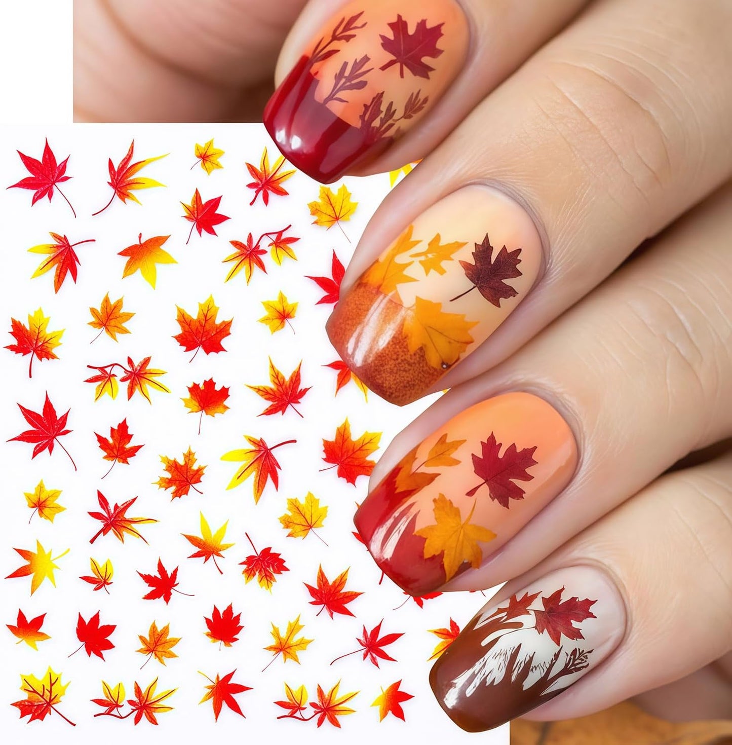 Autumn Nail Art Stickers Fall Maple Leaves Nail Stickers 3D Self-Adhesive Autumn Leaves Nail Sticker Leaf Nails Decals for Women Acrylic Nails Maple Leaf Thanksgiving Holiday Decorations