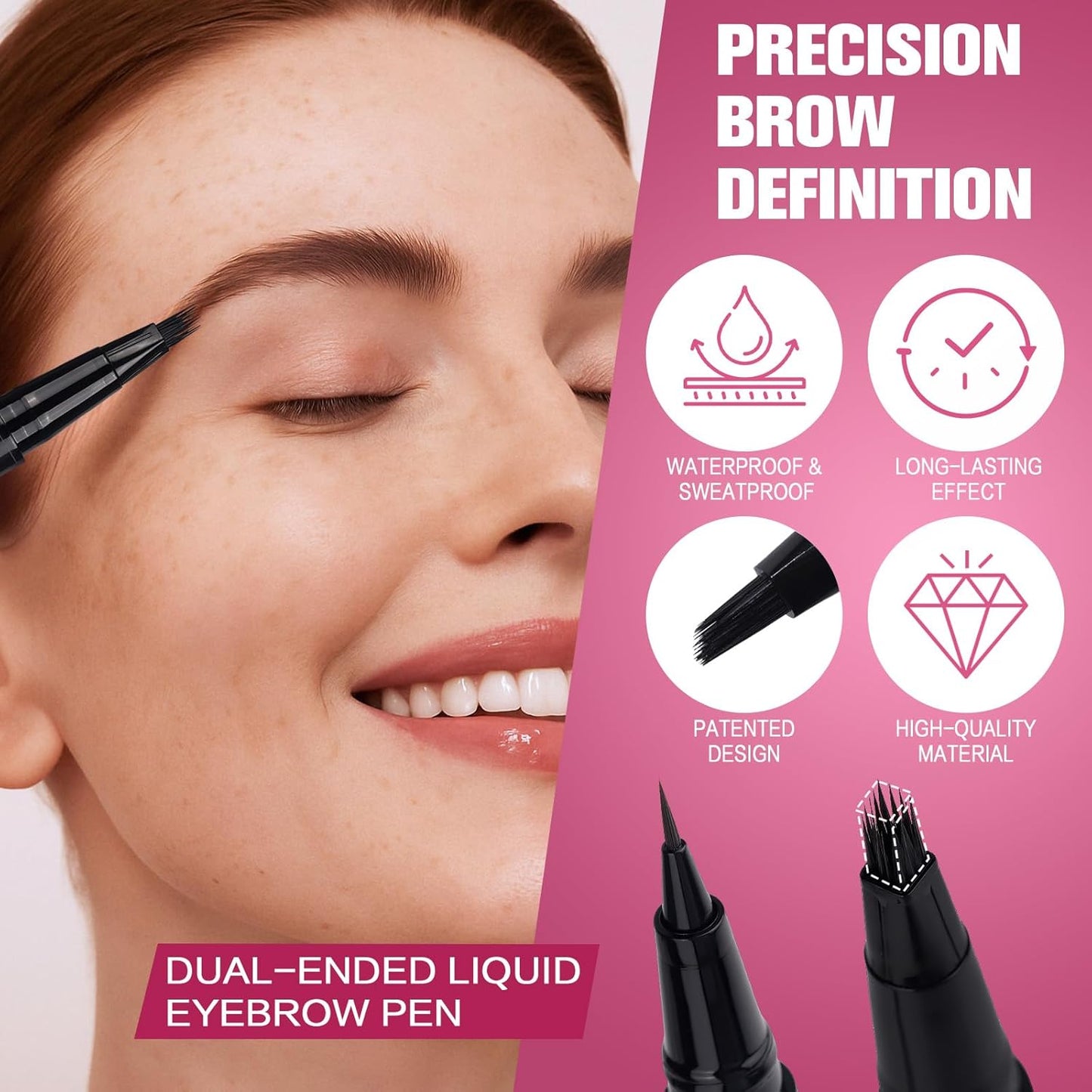 Dual Ended Microblading Eyebrow Pen - 2 in 1 Liquid Eyebrow Pencil with Brow-Fection Angled Brush & Precise Detail Brush-Tip, Shapes & Fills Hair-Like Looking Brows, Lasts All-Day, Dark Brown