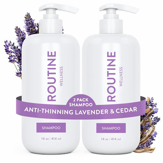 Routine Wellness Anti-Thinning Shampoo for Thinning Hair - Biotin DHT Blocker Women & Men - Color Safe Shampoo for Hair Loss & Healthy Hair - Lavender & Cedar 14oz (Pack of 2)