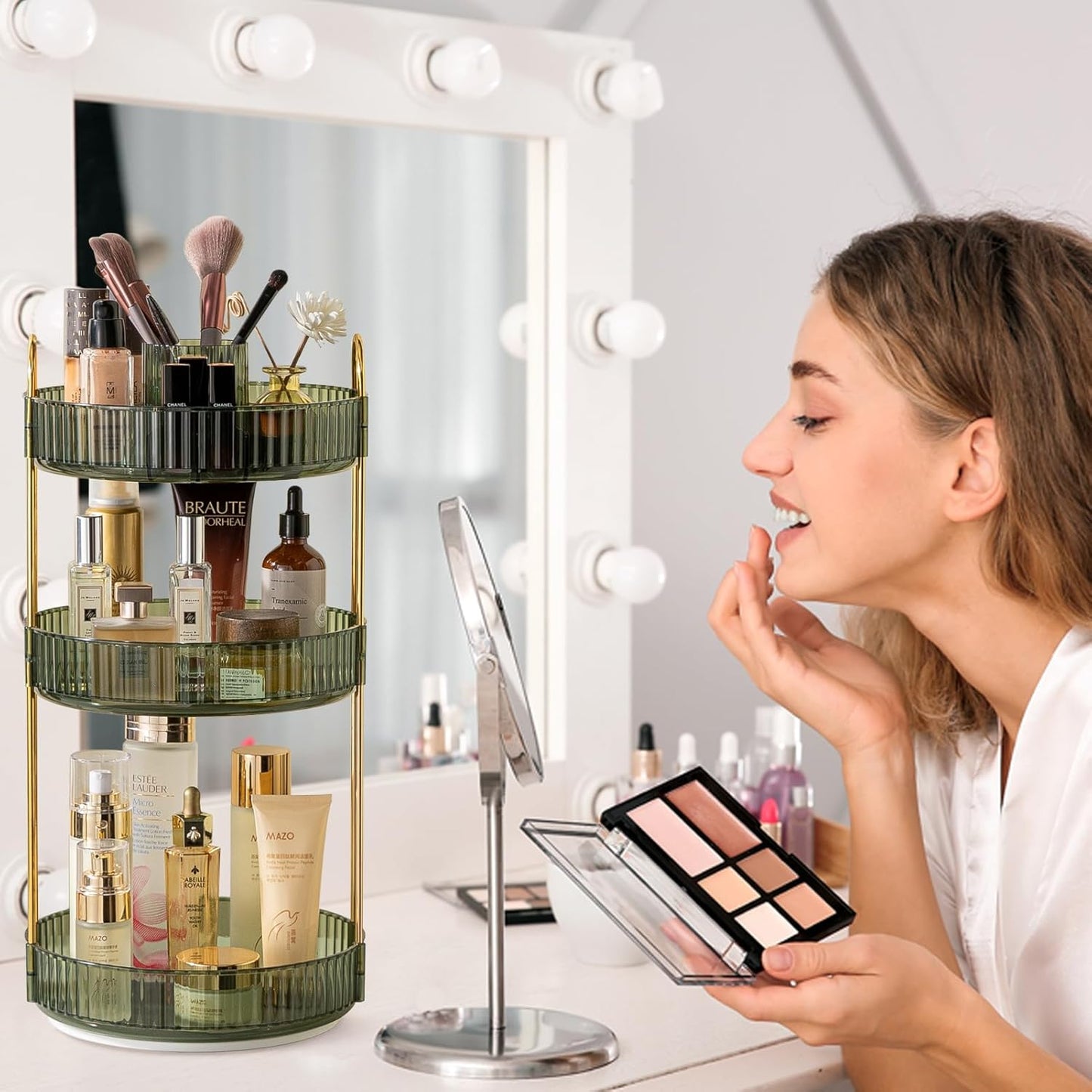 Rotating Makeup Organizer for Vanity, High-Capacity Skincare Clear Make Up Storage Perfume Organizers Cosmetic Dresser Organizer Countertop 360 Spinning (Green, New-3 Tier)
