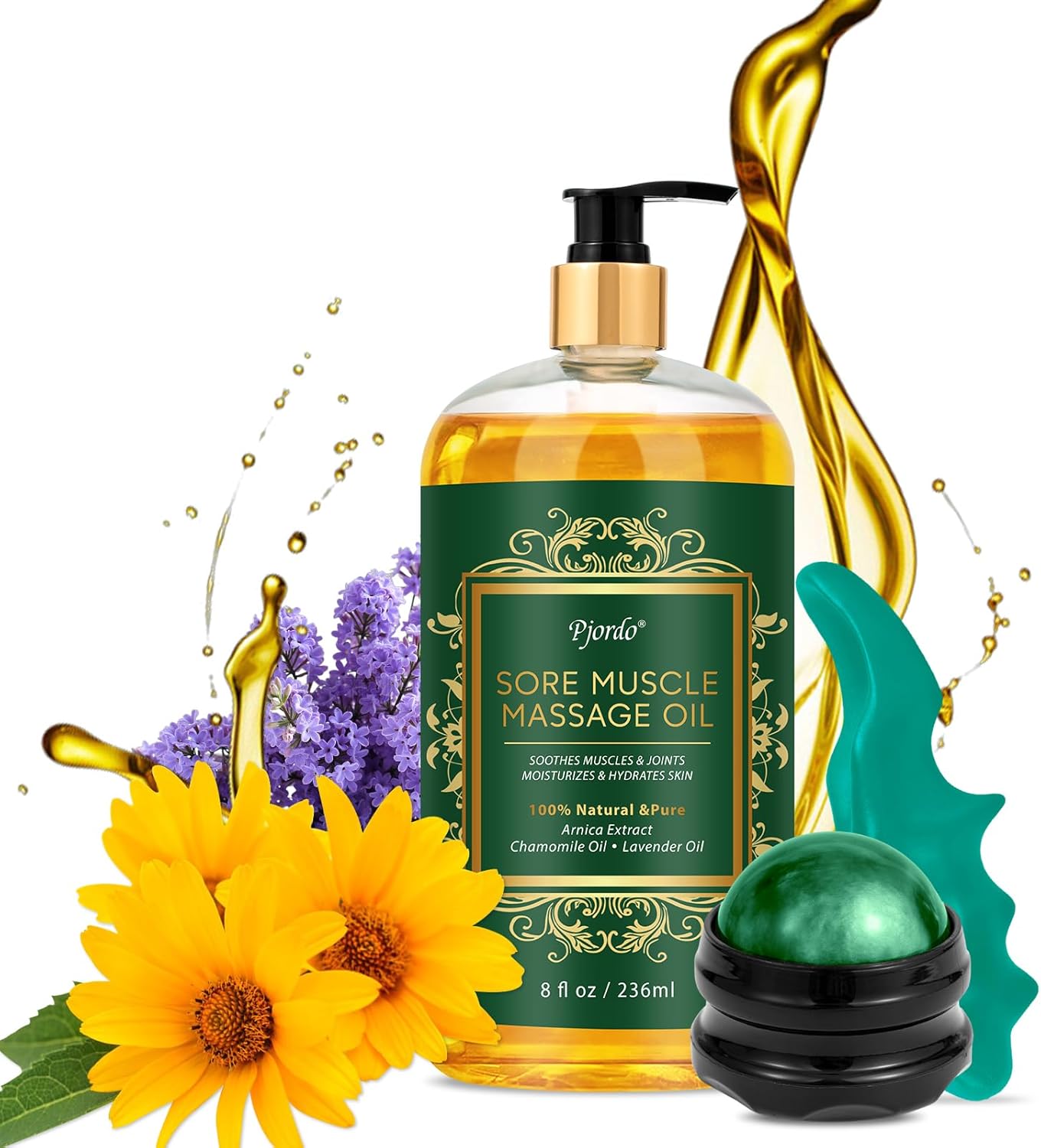 Sore Muscle Massage Oil for Massage Therapy, with Massage Roller Ball & Thumb Saver Massager, Body Massage Oil for Muscle Relaxing, Soothes Joints & Muscles with Arnica, Lavender Oil(8 Fl Oz)