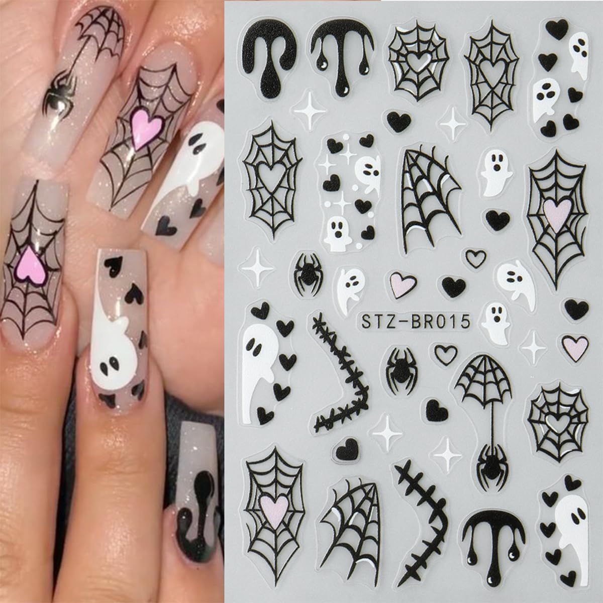 6Pcs Halloween Nail Stickers for Nail Art, Bat Spiders Nail Art Stickers Spider Web Black Rose Skull Ghost Nails Design Decals Halloween Nail Supplies for Women DIY Manicure Decoration Accessories