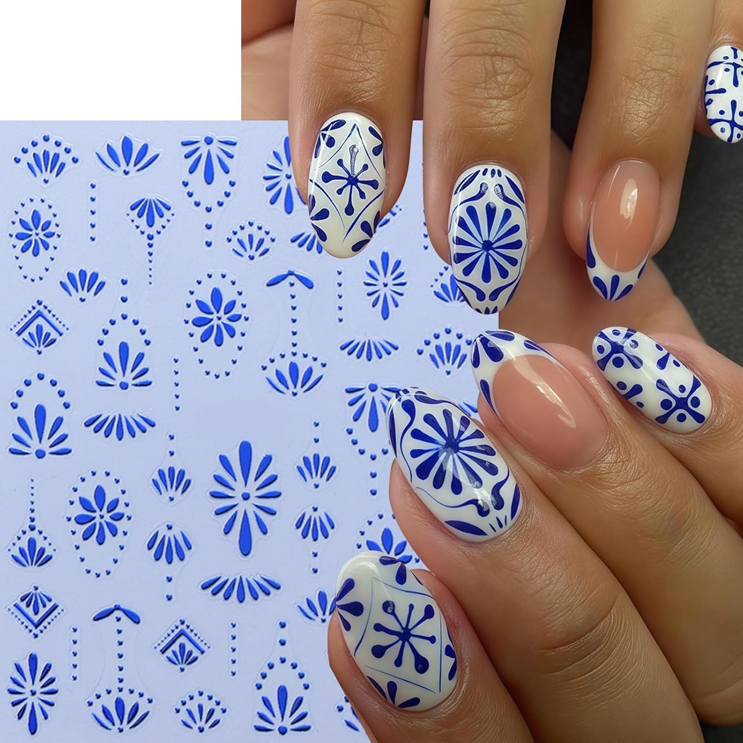 6 Sheets Bohemian Nail Stickers for Nail Art 3D Self-Adhesive Flower Nail Art Stickers Gold Silver Floral Nail Decals Bohemian Style Retro Blue Manicure Art Decoration Charms for Women Nails Supplies