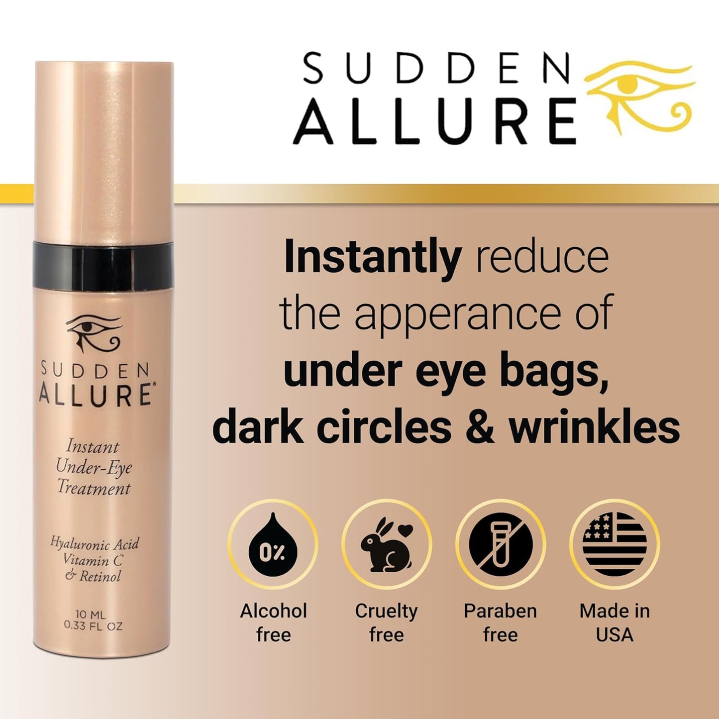 Sudden Allure Instant Under Eye Treatment Serum – Erase Under Eye Bags, Dark Circles, Wrinkles & Lift Sagging Eyes - Instantly Tighten & Firm - Reduce Eye Bags & Crows Feet | Made in USA (10 ml, 3pk)