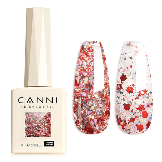 CANNI 1 Pcs Glitter Red Gel Nail Polish, Shimmer Sparkly Red Colors Gel Polish Soak Off Led Nail Art Gel Manicure Salon DIY