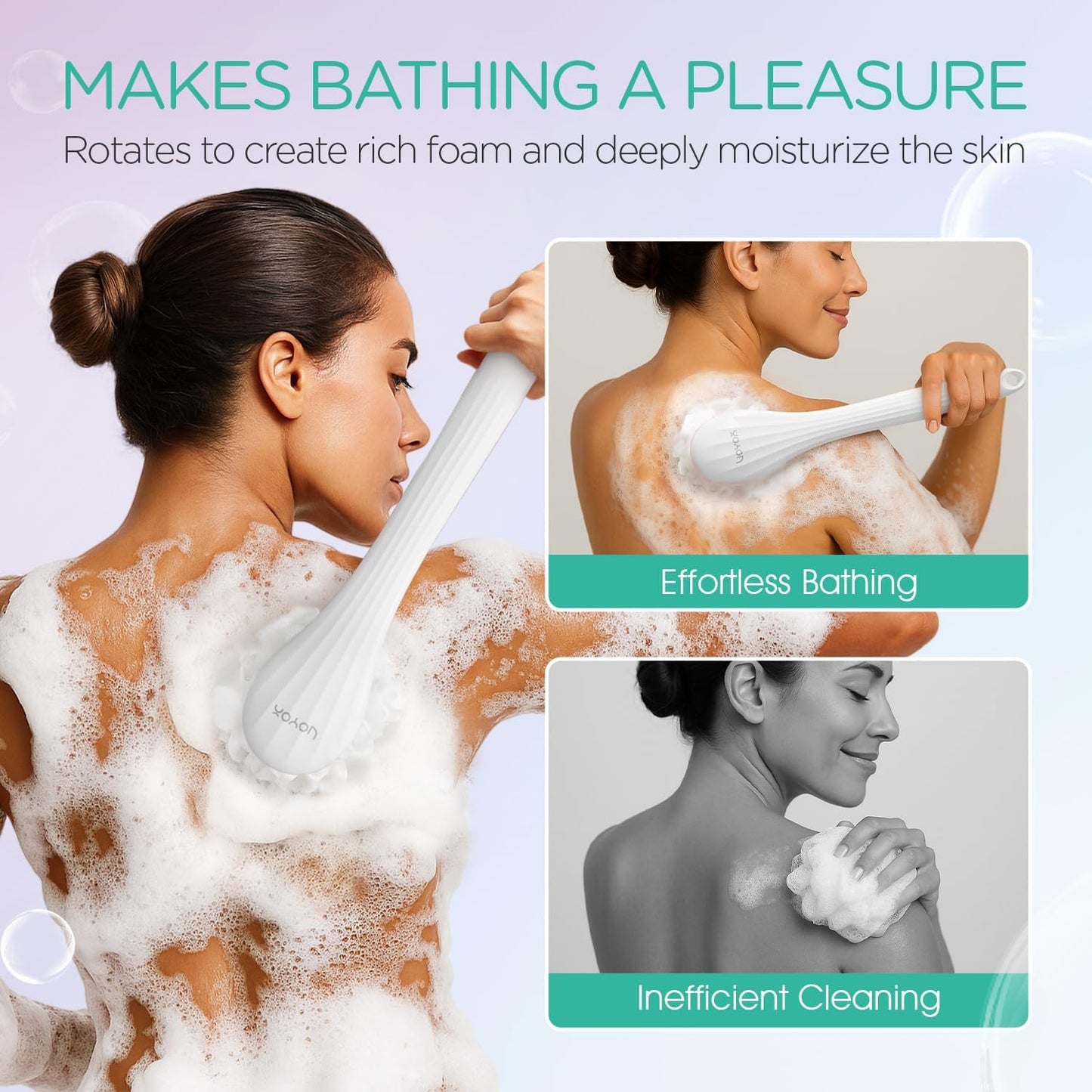 VOYOR Electric Body Brush Back Scrubber for Shower Rechargeable Exfoliating Bath Brush Powered Shower Brush with Non-Slip Long Handle Deep Cleansing, Exfoliation, Massaging Spin Brush BC100 (Pink)