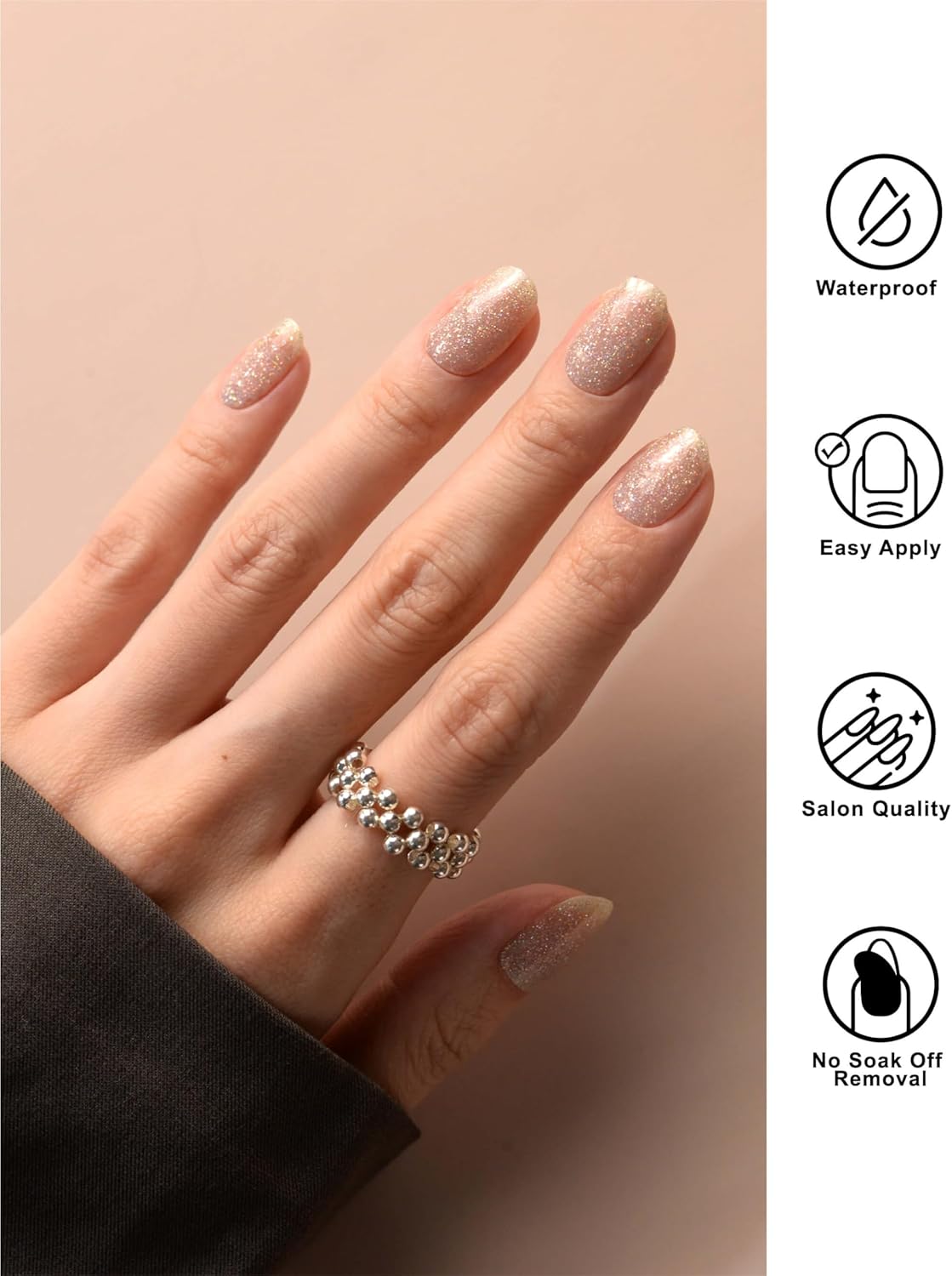 Nail Polish Strips, 44PCS Salon Quality Wraps with Top Coat, Long Lasting Gel Nail Stickers for Women Easy Apply& Remove (Glistening Waves Gold)