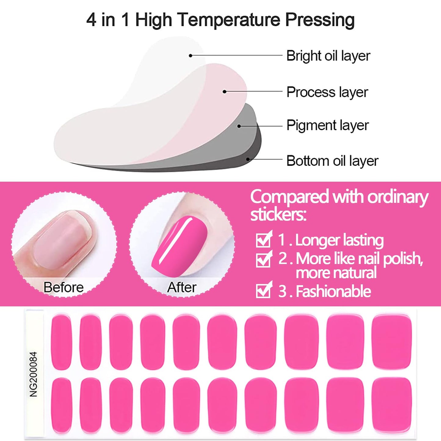 WOKOTO 20 Pcs Hotpink Semi Cured Gel Nail Strips With Nail File & Wooden Stick Nail Polish Strips Gel Nail Stickers Full Nail Wraps For Women Girls Stick On Real Nail Polish Stickers For Nails