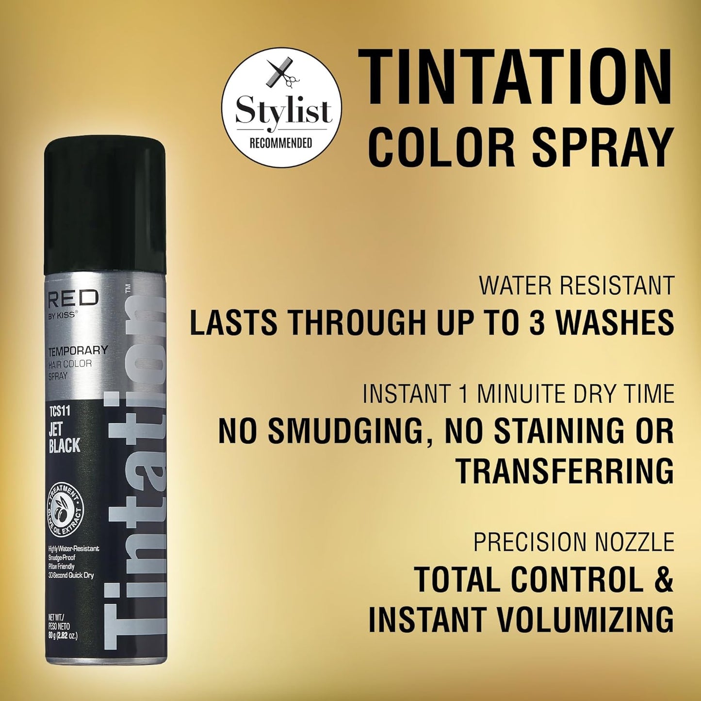 Red by Kiss Tintation Temporary Hair Color Spray, Instant Gray Root Touch Up Coverage, Water-Resistant & Smudge-Proof, Easy Wash Out, Barber & Hairline Touch-Up, Quick-Dry (Jet Black, 2.82 oz)