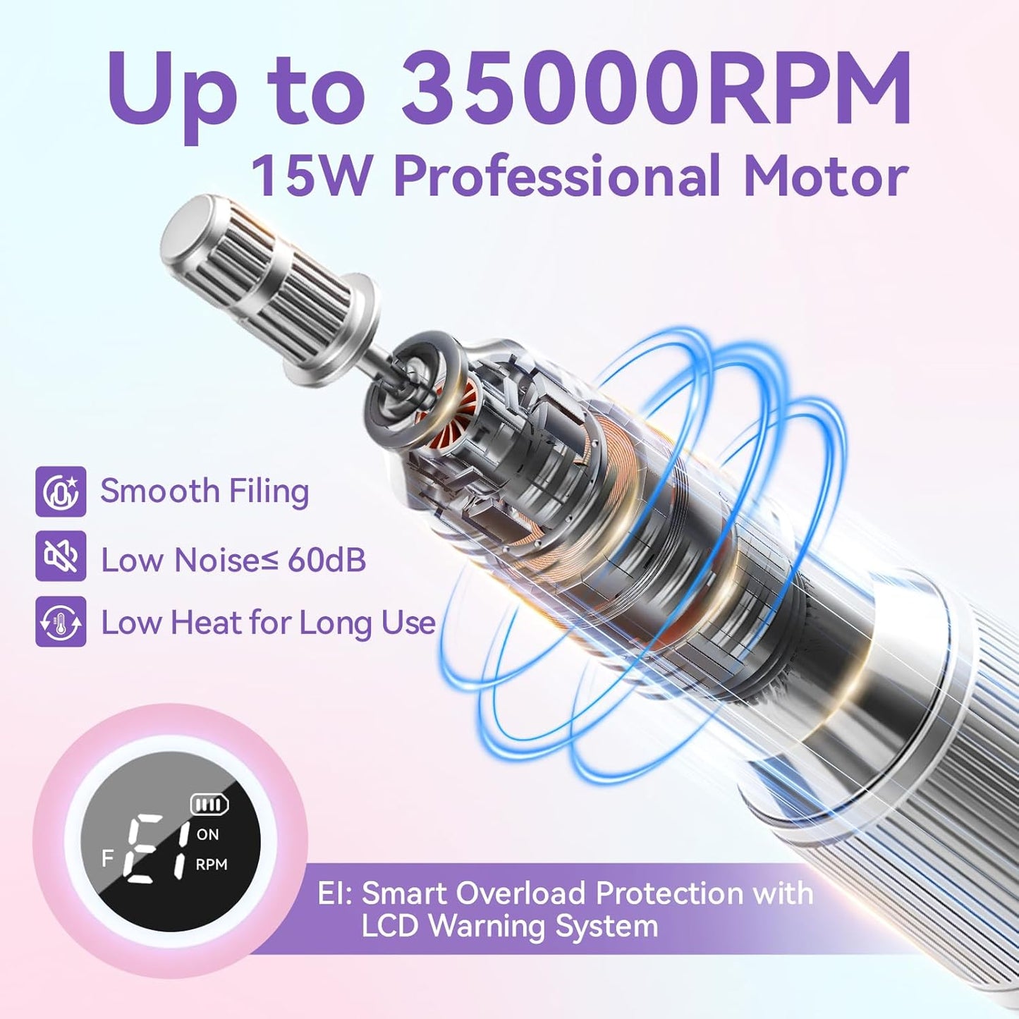 Makartt Rechargeable Nail Drill – 35000RPM Electric Nail File,Portable E File for Gel Nail Shaping & Removal, Quiet, Lightweight, 6H Battery, Easy to Use for Home & Salon, YEEYAN