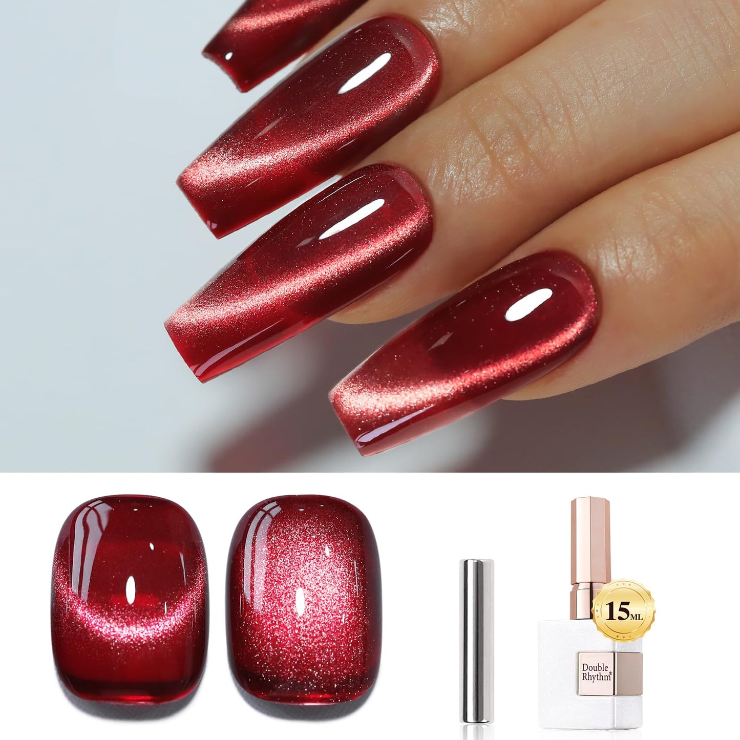 Double Rhythm Jelly Glass Cat Eye Gel Polish with Magnet 15ML Holographic Glitter Shimmer Translucent Sheer Color Magnetic Nail Polish Salon DIY at Home (Dark Red-MC1054)