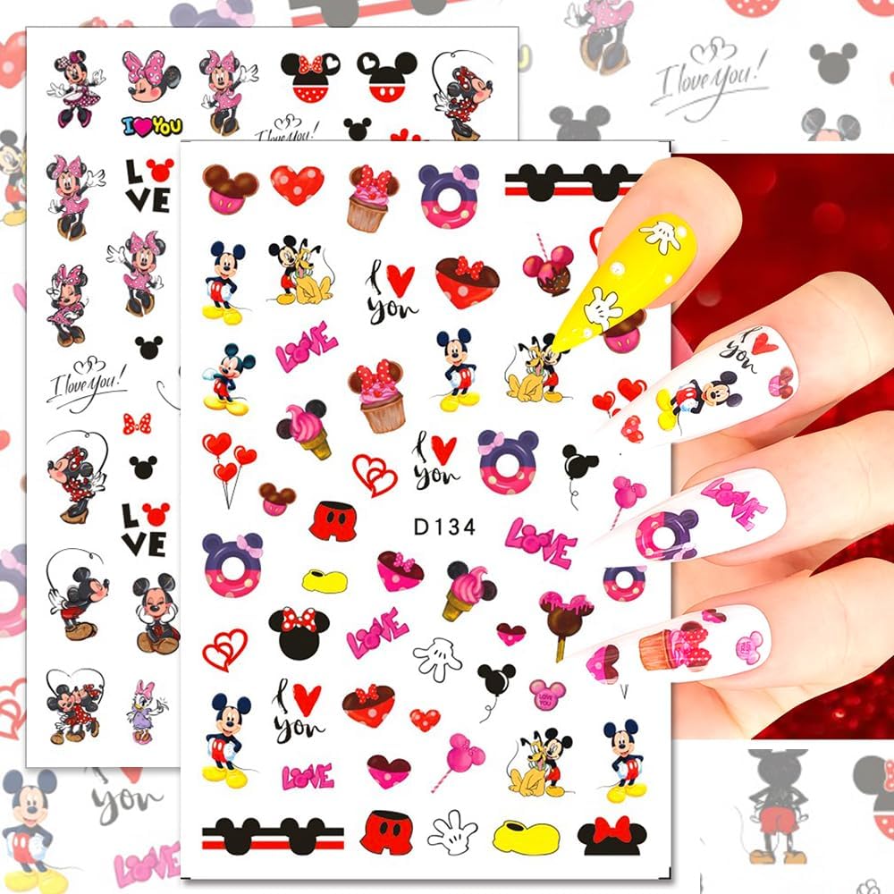 Valentines Nail Stickers Cute Cartoon Nail Art Stickers 3D Self Adhesive Nail Design Sticker Supply Valentines Day Romantic Love Heart Rose Cartoon Mouse Nail Decals for Women Girls DIY Manicure