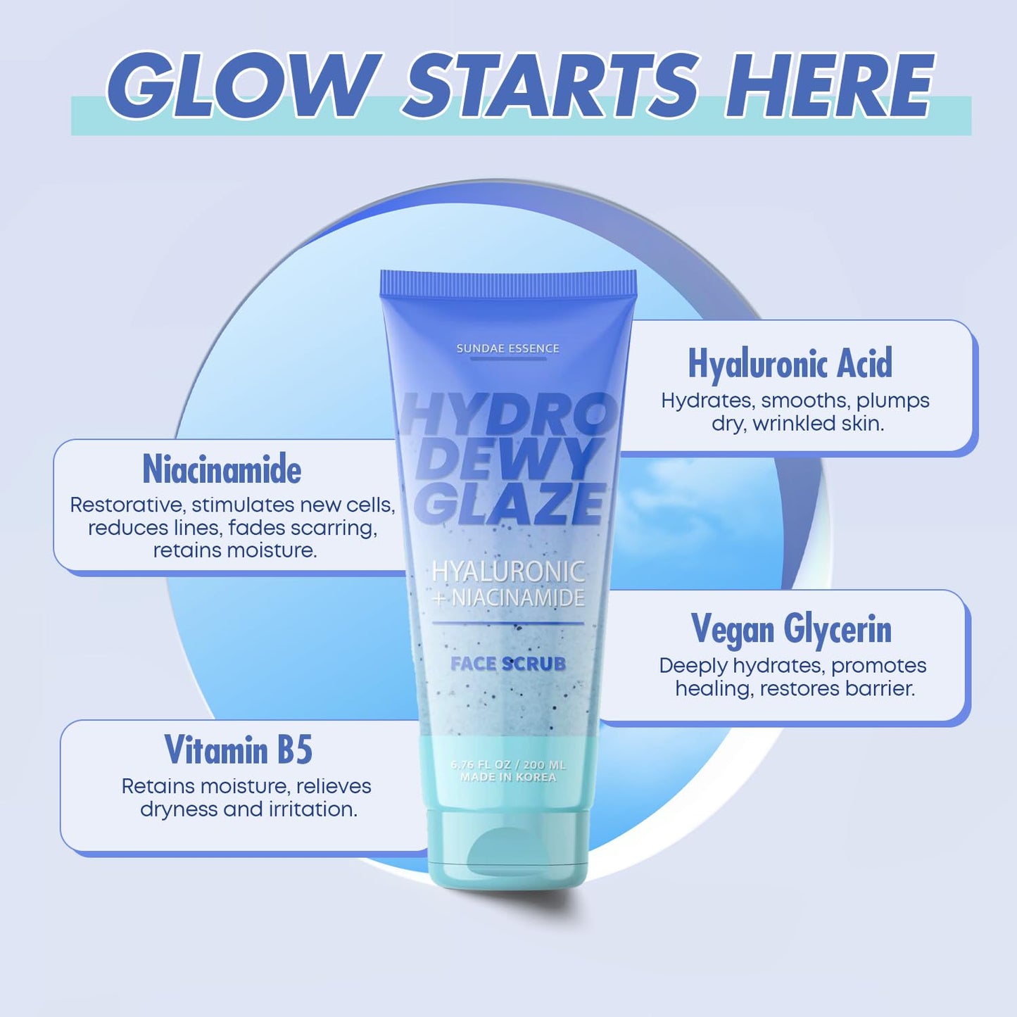 Hyaluronic Acid Facial Scrub - Dermatologist Tested, Anti-Aging, Korean Skin Care, Hydrates & Plumps Dry Skin, Improves Texture & Firmness - Gentle, Vegan, 95% Natural - 1 Pack