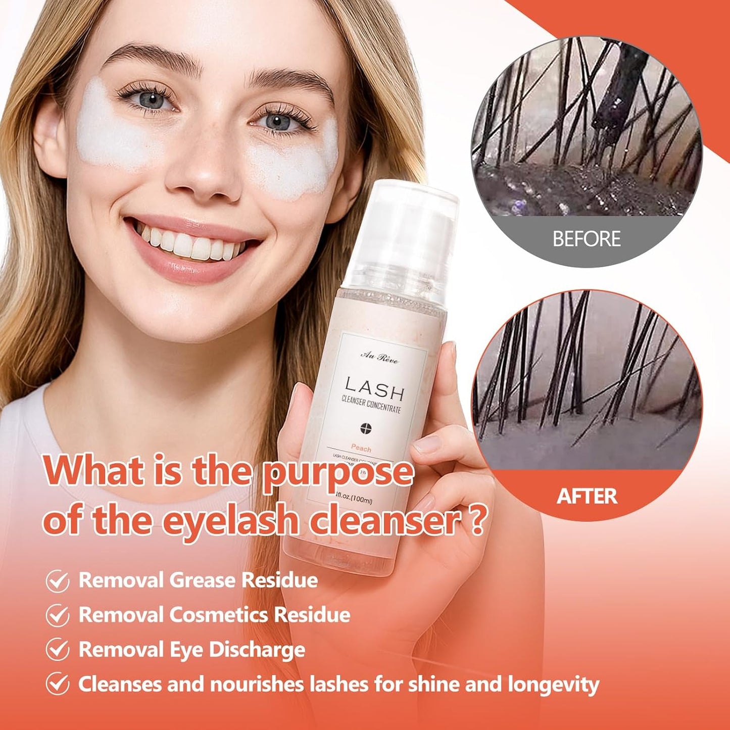 Lash Shampoo Concentrate 100ml Lash Extension Cleanser Oil-Free Eyelash Extension Shampoo with Salon Home Care -Makes 20 Bottles 60ml Lash Shampoo,Peach