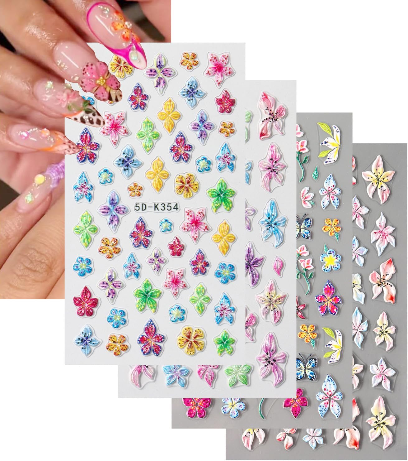 Stickers para Uñas Nail Stickers Self-Adhesive Sticker Colorful 3D Wild Flower Embossed Calcomanías para Uñas Floral Art Design Accessories Hight Quality 4 Sheets