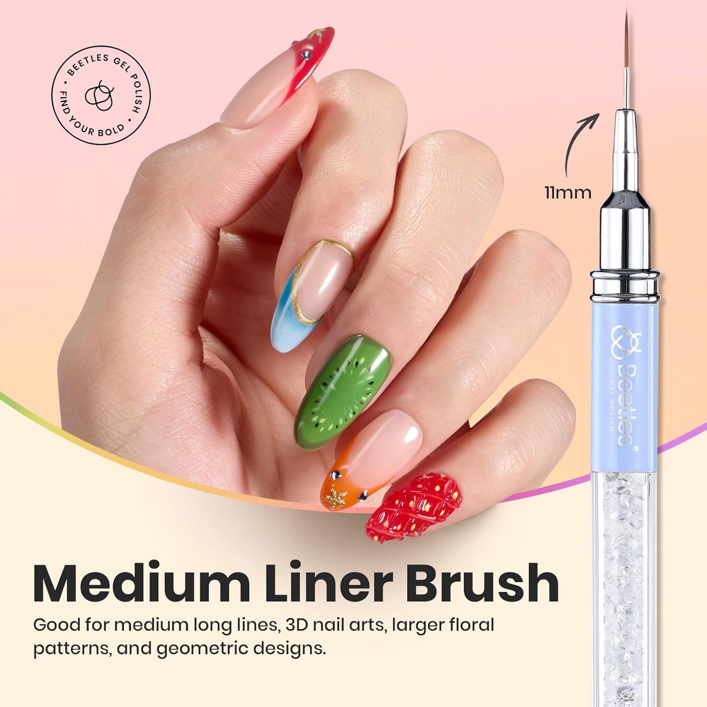 Beetles Gel Polish Nail Art Liner Brushes 5Pcs Painting Art Design Pen Set Diamond Application Rhinestone Handle Drawing Nail Art Brushes Tools Sizes 5/6/11/20/25mm Nail Art Design Gift for Women