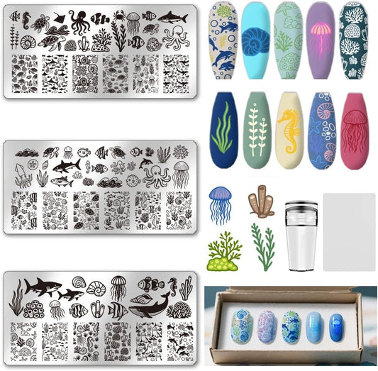 UNICRAFTALE 3Pcs Summer Nail Stamp Plates Set Ocean Series Nail Stamping Plate Turtles Shark Medusa Image Nail Stencils Conch Nail Art Stamping Template with Nail Scraper for Women Nail Design Tools