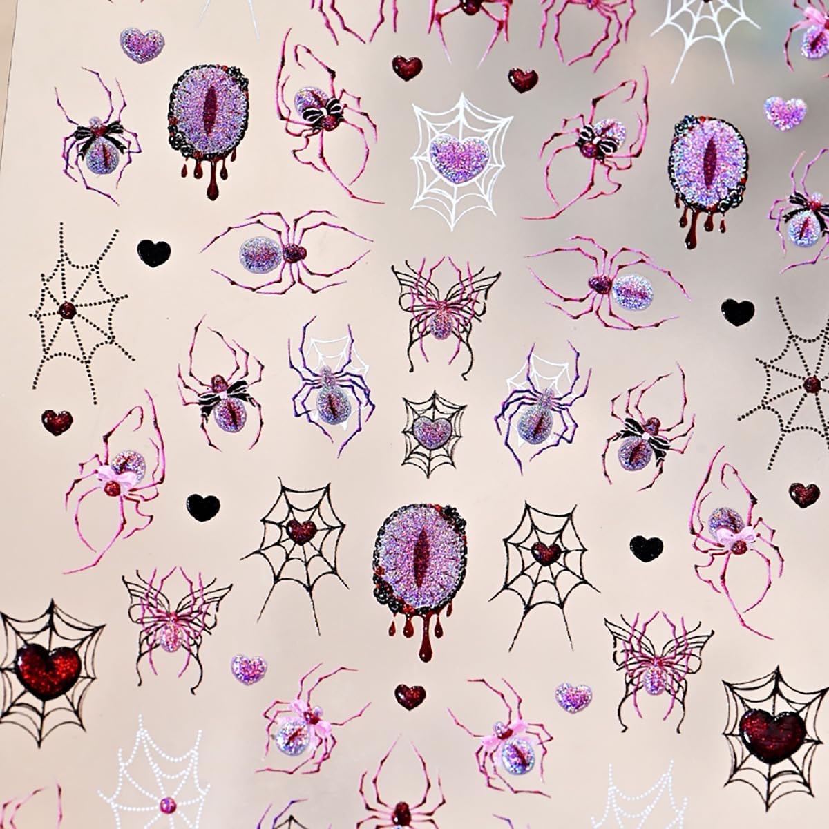 Halloween Nail Stickers 3D Self-Adhesive Goth Nail Art Stickers Pink Spider Web Spider Heart Glitter Design Halloween Acrylic Nail Art Decoration Cute Horror Nail Decals for Women Acrylic Nails DIY