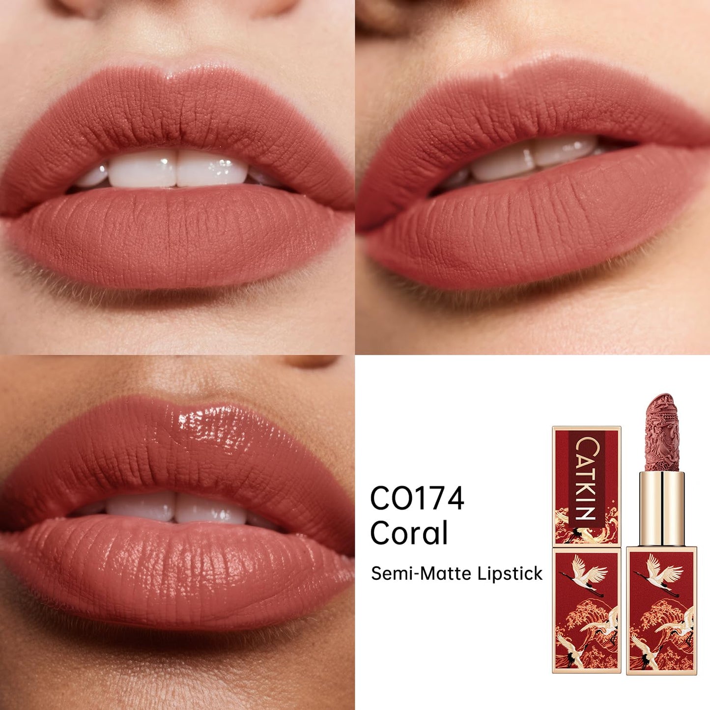 Catkin Semi-Matte Lipstick Hydrating High Impact Color Infused with Vitamin E and Avocado Oil Smooth Soft Texture Long Lasting Matte Finish 174