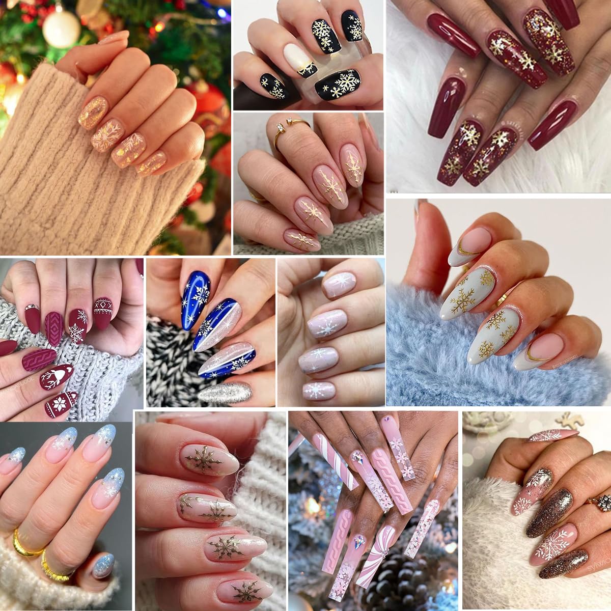 8 Sheets Gold Snowflakes Nail Art Stickers 3D Self-Adhesive Christmas Stickers Winter Nail Decals White Gold Designs Elk Snowflake Nail Supplies Holiday Nail Sticker for Nail Art DIY Christmas Nails