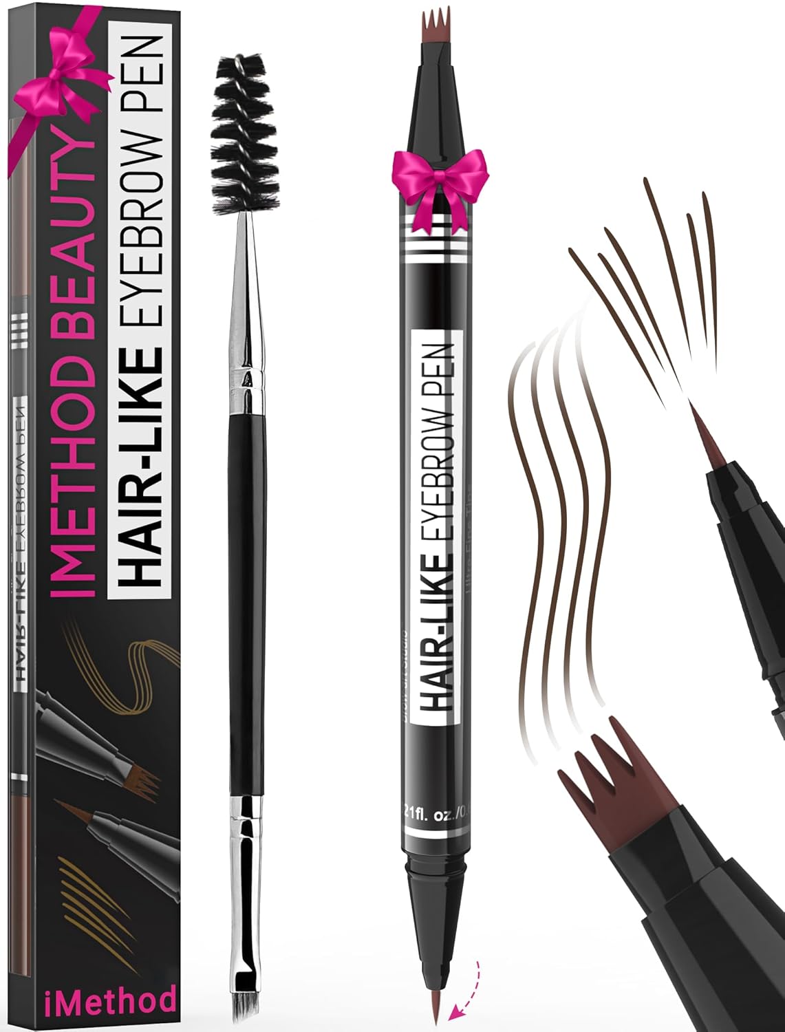 iMethod Eyebrow Pen - Eyebrow Pencil Magical 2-in-1 Eye Brow Pencils for Women with 4-Fork-Tip & Precise Brush-Tip for Natural Hair-Like Brows, Last All-Day, with Eyebrow Spoolie Brush, Dark Brown