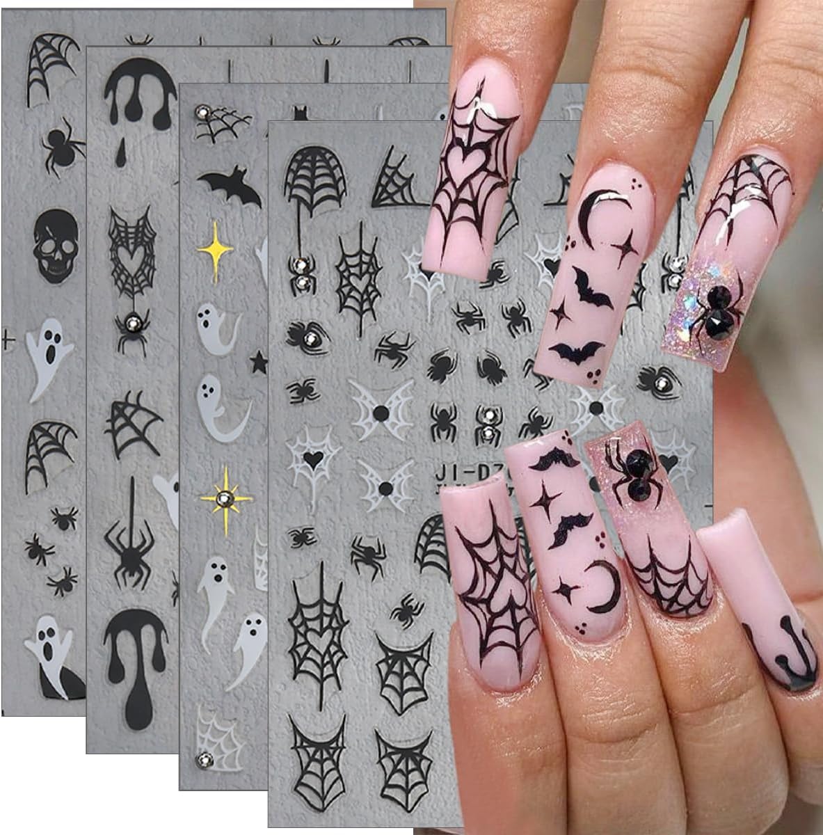 4Sheets Dark Halloween Nail Art Stickers 3D Self-Adhesive Shiny Crystal Spider Nail Decals Cute Ghost Skull Spider Web Nails Designs Stickers Halloween Nails Art Supplies for Women Holiday Nails Decor