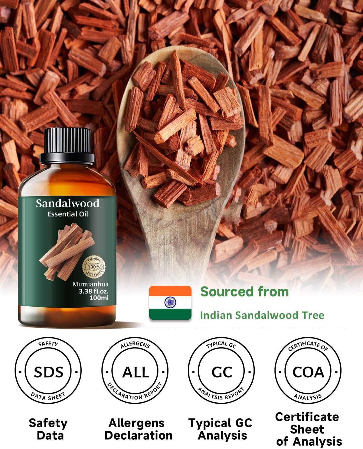 Sandalwood Essential Oil Pure，Mumianhua Natural Sandalwood Oil Undiluted Therapeutic Grade Aromatherapy Oil for Diffuser, Skin, Hair, Massage, Candle & Soap Making 3.38 Fl Oz