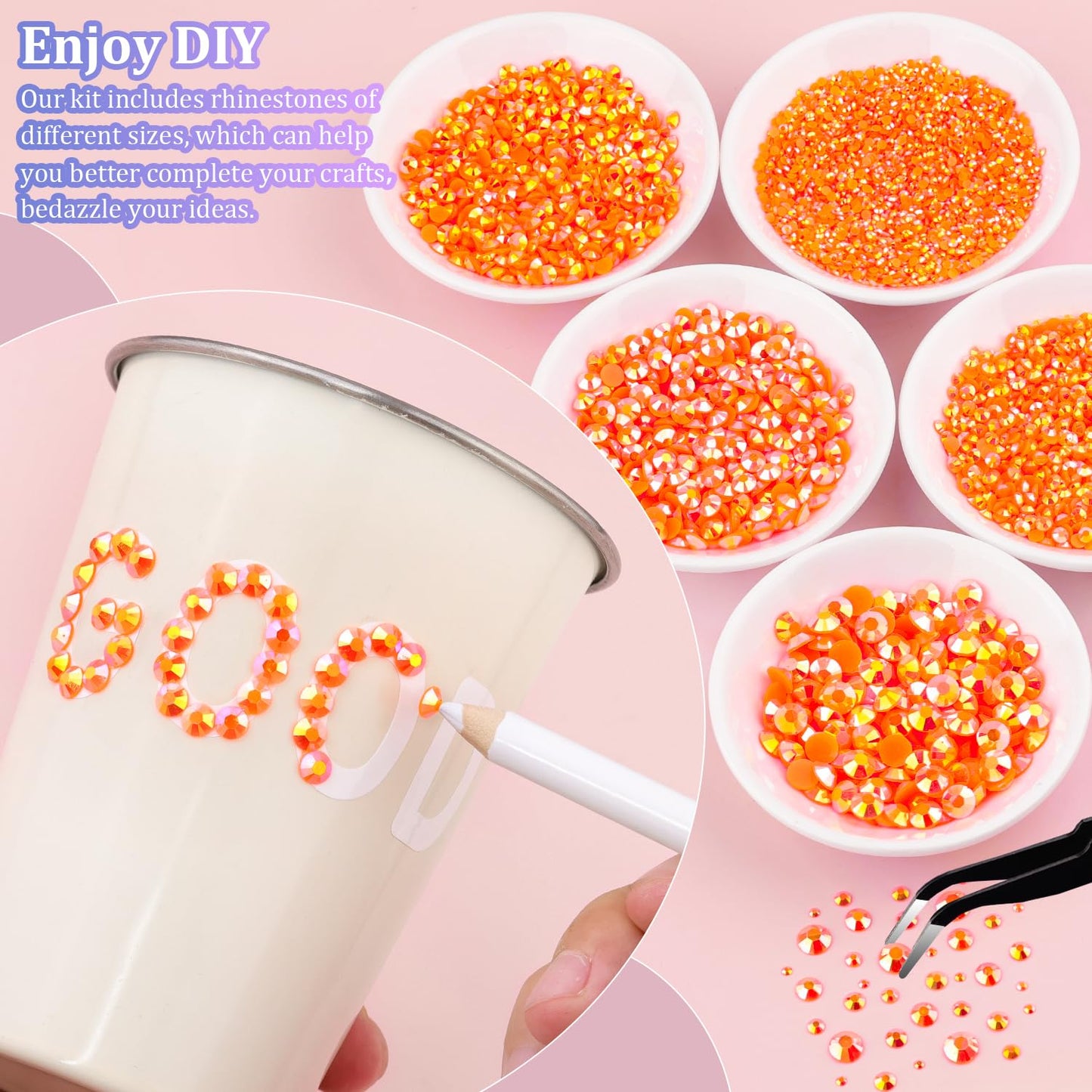 25000Pcs Resin Rhinestones with Tweezers for Crafting, Orange AB 2-6mm Mixed Sizes Non Hotfix Flatback Gems, Bedazzling Crystal for DIY Craft Clothing Mugs Tumblers Shoes Fabric Decor Nail Art