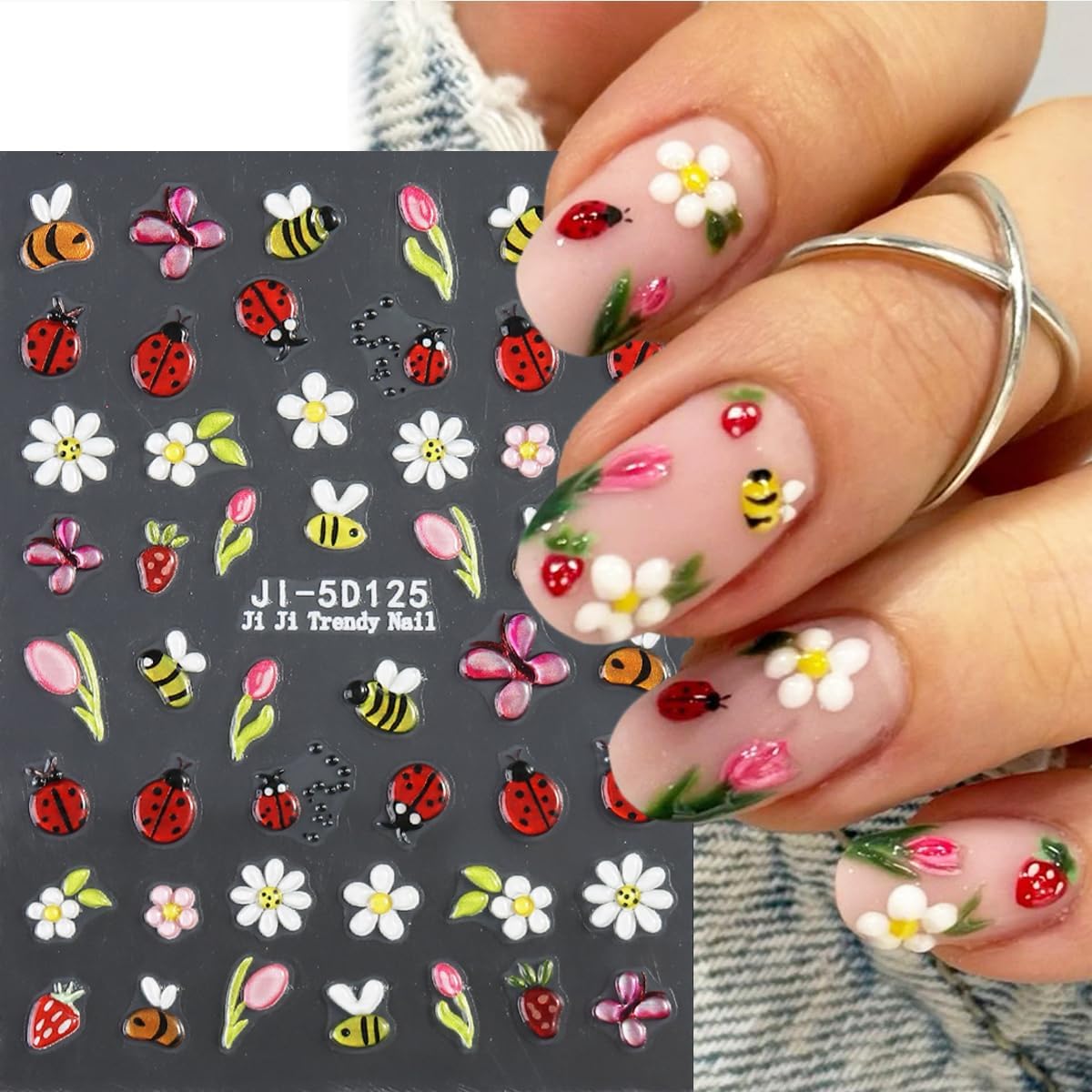 Ladybugs Nail Stickers Bees Ants Snails Daisy 5D Embossed Flowers Nail Stickers Cute Cartoon Insects Animals Nail Decals Ladybird Stickers for Nail Art Butterfly Nail Charms Nail Decoration