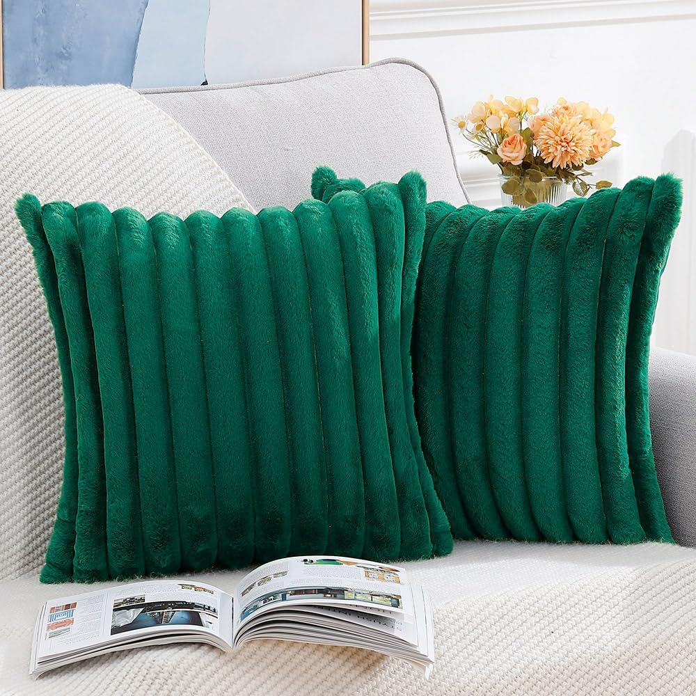 MADIZZ Set of 2 Faux Wool Plush Decorative Throw Pillow Covers 18x18 Inch Green Fluffy Striped Soft Decorative Cushion Cover for Sofa Bedroom Pillow Shell