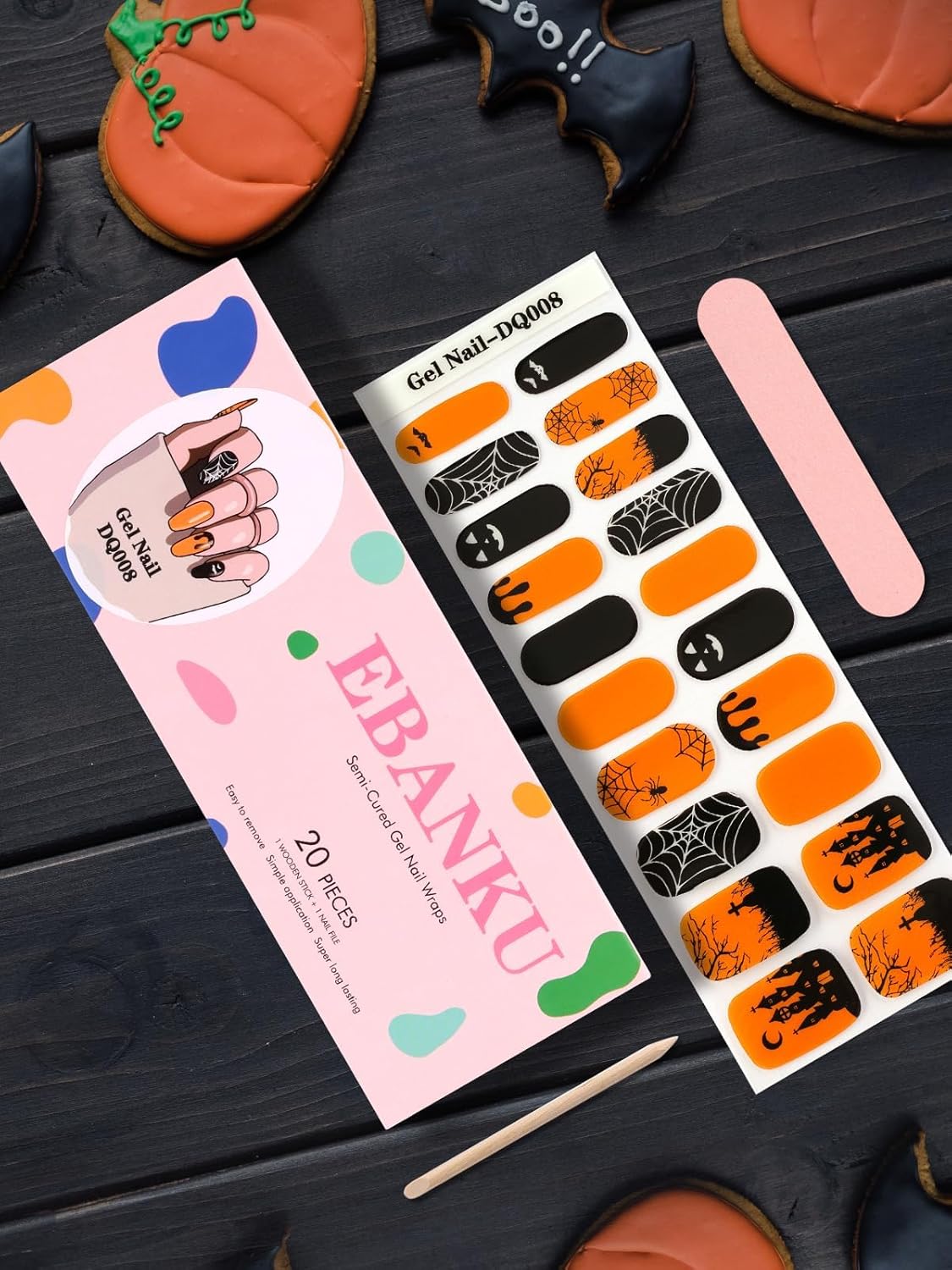 EBANKU Cured Gel Nail Stickers, 20 PCS Halloween Nail Gel Polish Strips, Adhesive Gel Nail Strips for Nail Design, Castle Spider Web Bat Nail Polish Stickers for Women Girls
