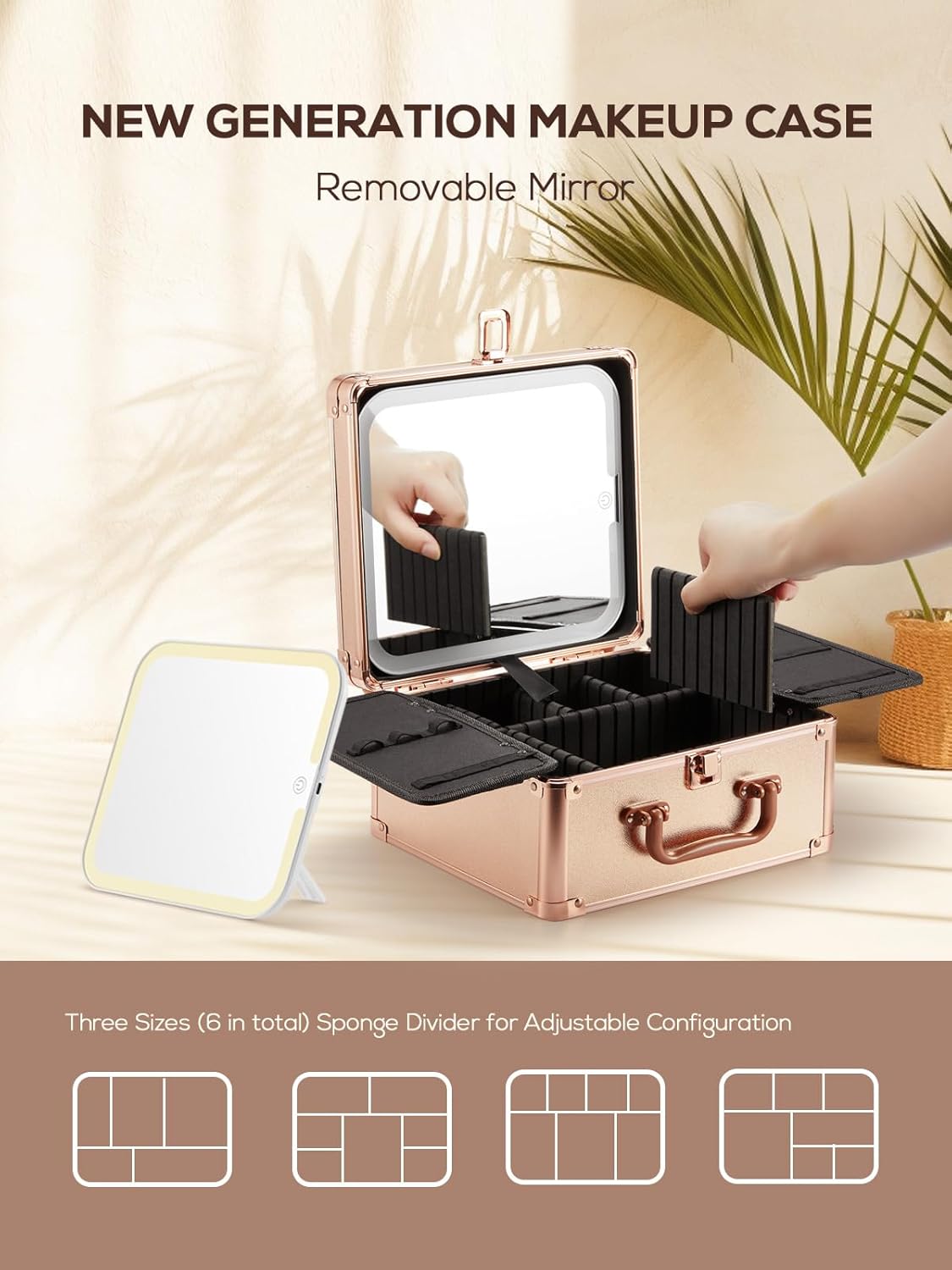 OMIRO Makeup Case, Makeup Bag with Light Up Mirror Set, Makeup Organizer Bag with Magnet Makeup Mirror for Women and Girls