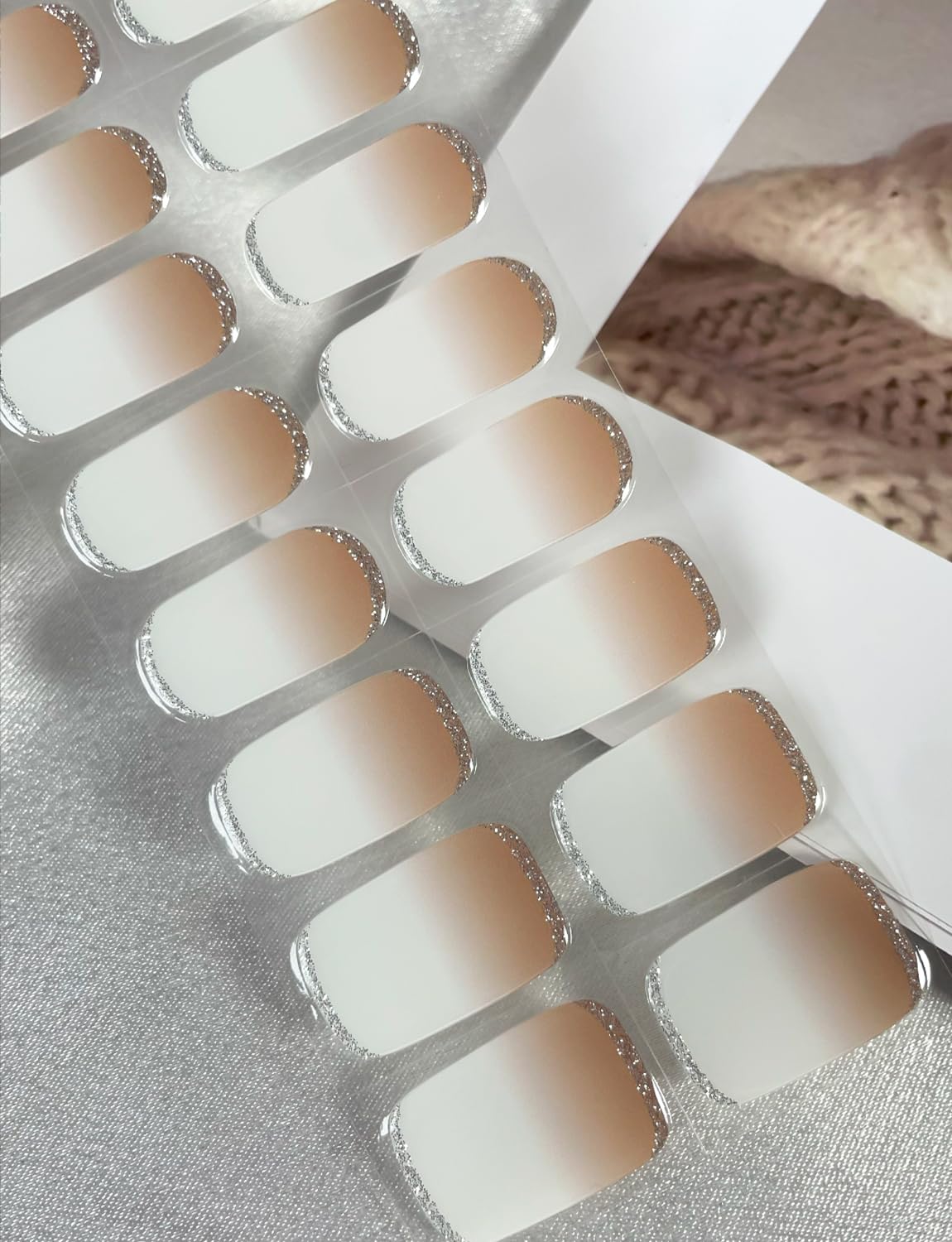 Semi Cured Gel Nail Strips, 20pcs Brown Ombre, Glitter Gel Nail Stickers UV for Home Nails DIY