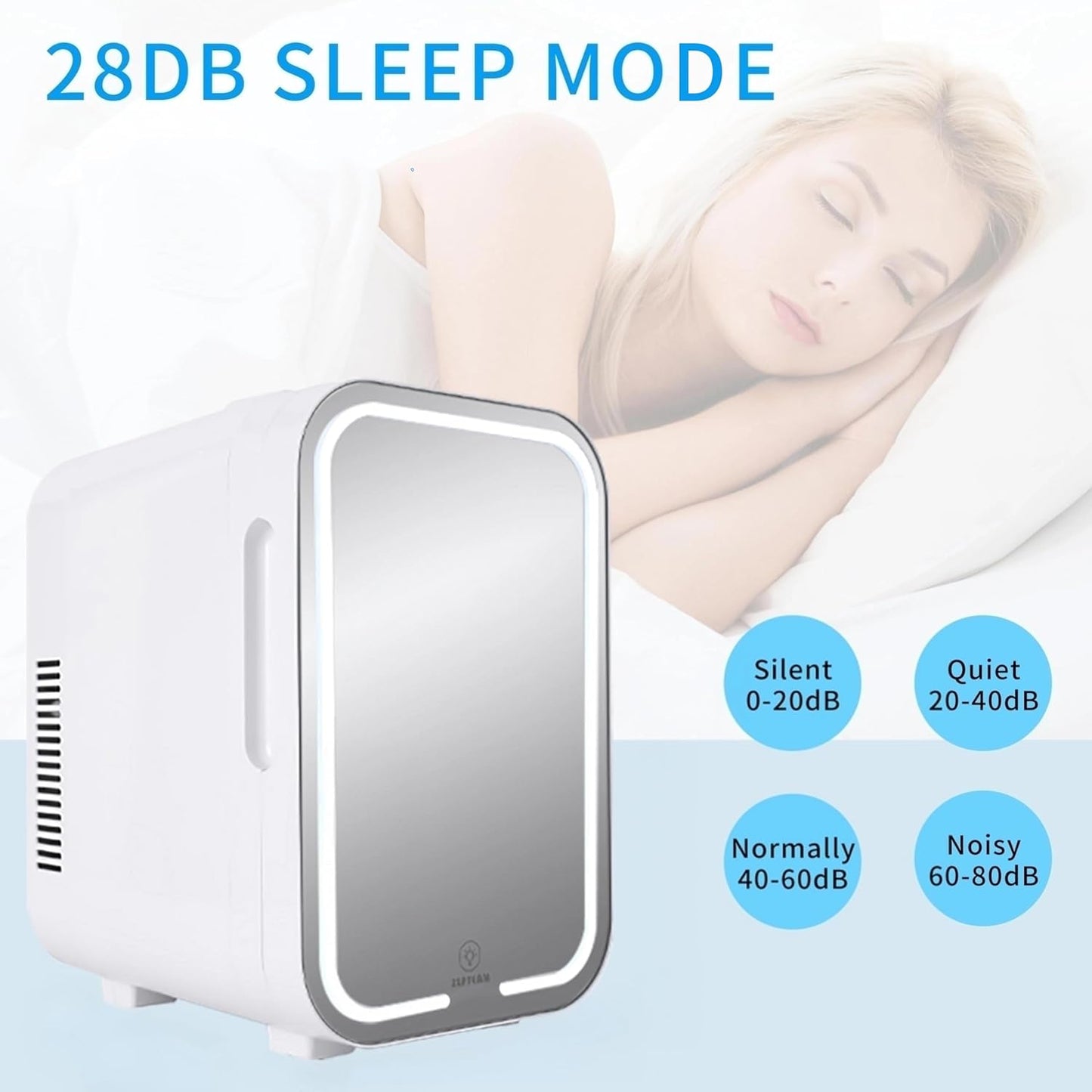 Mini Fridge with Mirror Door & Adjustable LED Lights - 8L Cosmetic Skincare Fridge for Bedroom,Dorm,Mini Car Refrigerator Portable Quiet Cooling,Gift for Women