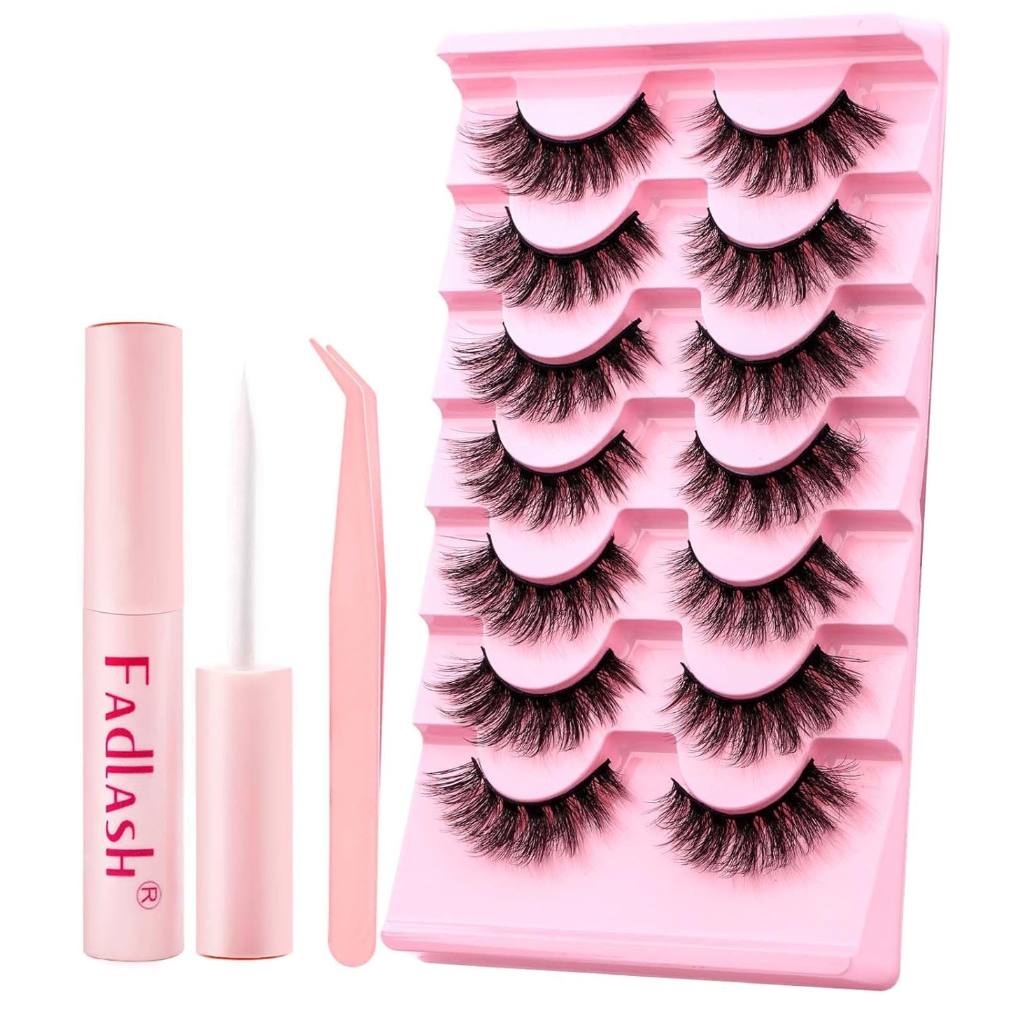 FADLASH False Eyelashes Kit Thick and Voluminous Cat Eye Lashes Wear Comfortable Fake Lashes with Thin Band 7 Pairs Lash Applicator Tool at Home, XH42