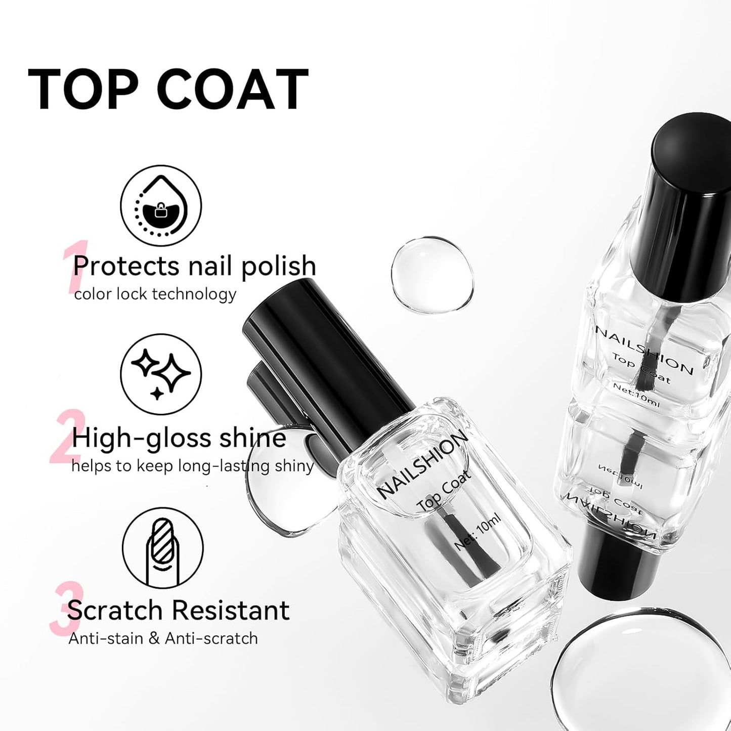 2Pcs Top Coat for Nail Polish, Quick Air Dry Clear Regular Nail Polishes High Shine Finish Long-Lasting Color Protection No Chip Vegan Hema-free Non-gel Salon Nail Art Gift for Women