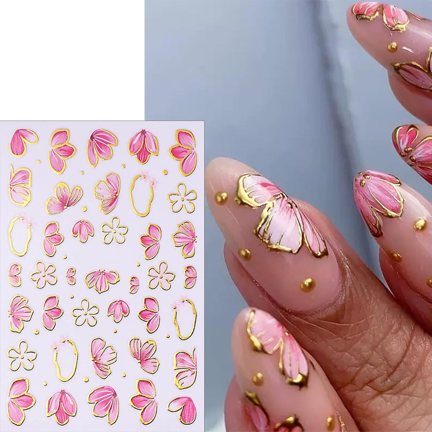6 Sheets Spring Nail Art Stickers 3D Self-Adhesive Gold Edge Flowers Pink Cherry Blossoms Pattern Pink Petal Floral Golden Circle Bow Design Nail Decals for Women Spring DIY Nail Art Decorations