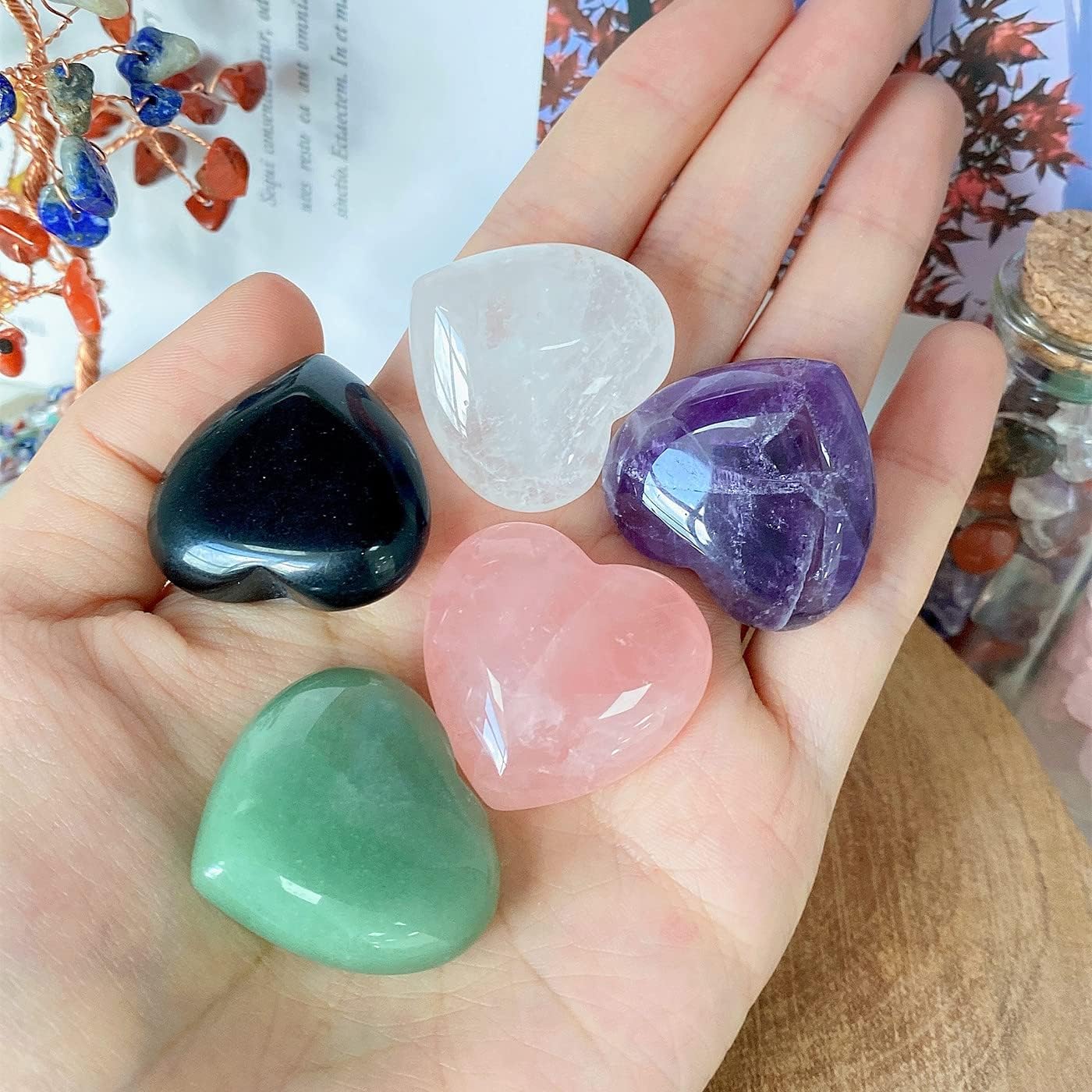 QINJIEJIE 5Pcs 1.2" Rose Quartz Heart Crystals Amethyst Healing Crystal Love Stone Polished Thumb Palm Natural Worry Gemstones Reiki Balancing