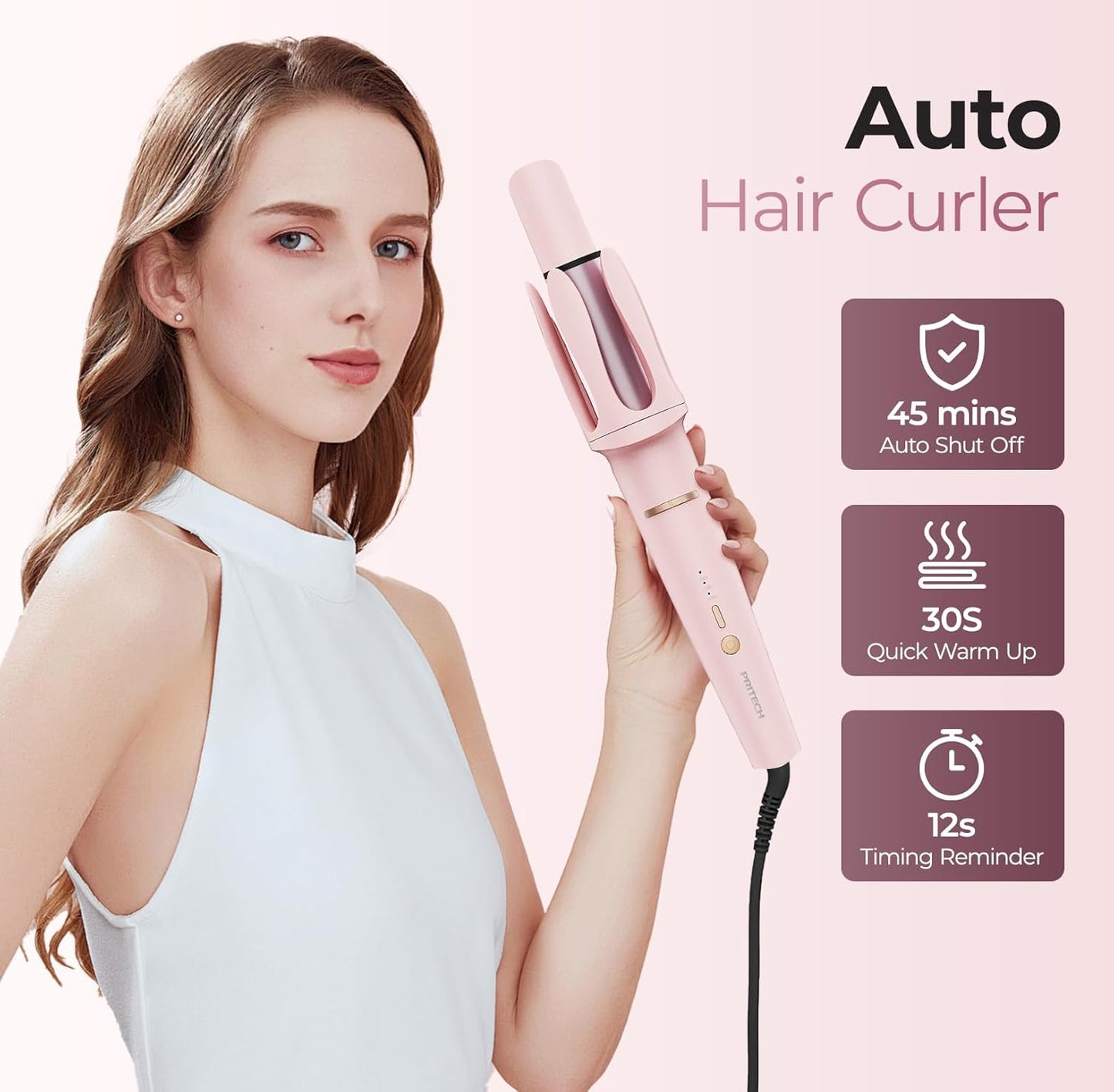 Automatic Curling Iron 1 1/4 Inch, Rotating Ionic Hair Curler Wand with 3 Temperatures, Anti-Scald, Auto Shut-Off Spin Iron for Hair Styling, Pink