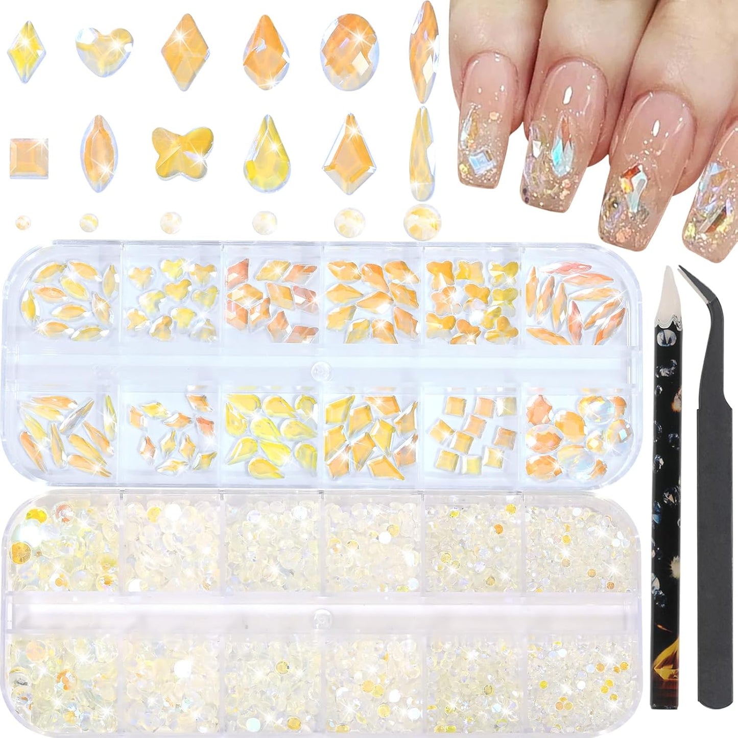 Nail Rhinestones - 3D Multi Shape Size, Flat Back, Manicure Rhinestones Charms, Crystal Aurora Gems, with Kit, for Nail Art, Bedazzling Acrylic Nails, DIY Decor