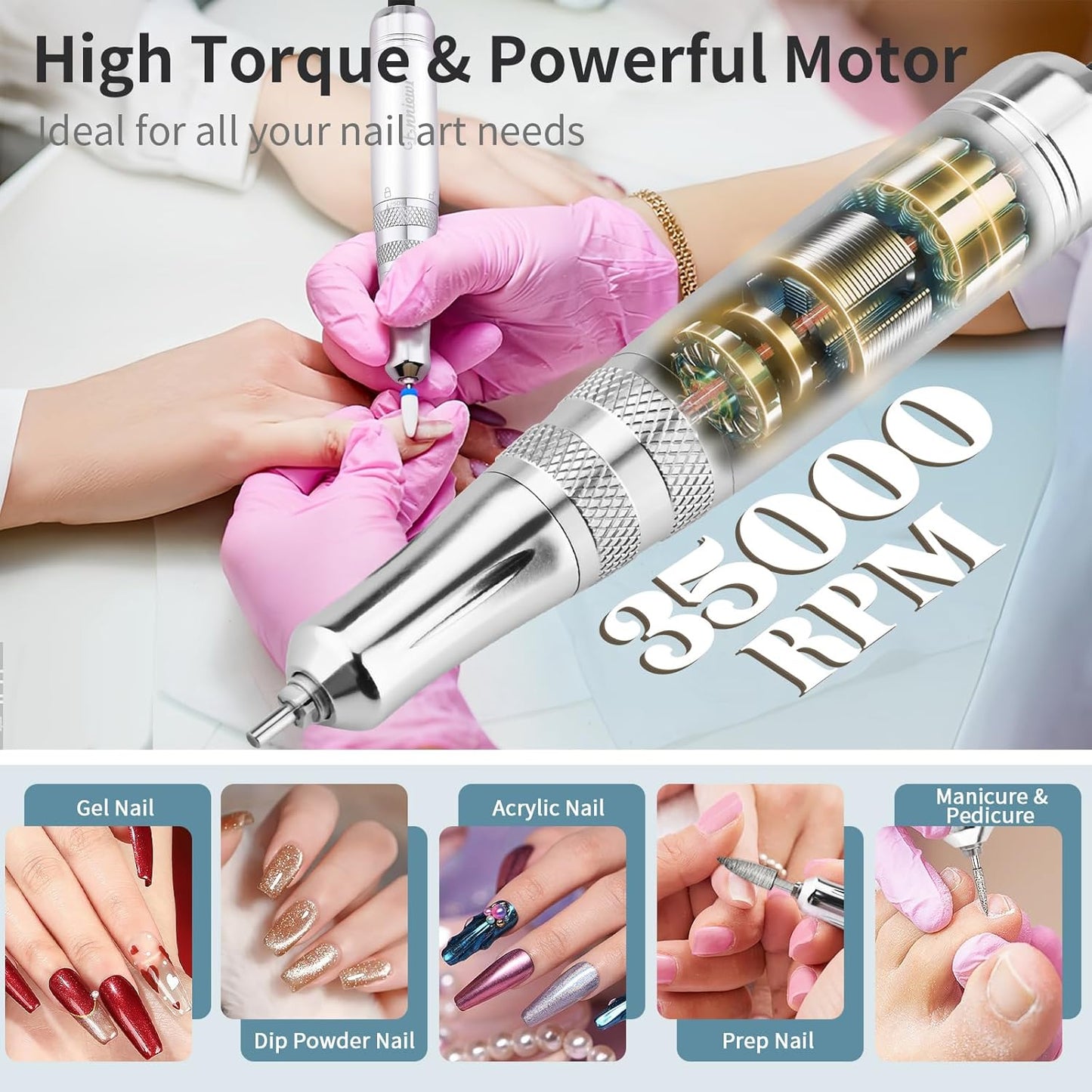 Electric Nail Drill File, Professional Portable Nails Drills Kit with Rechargeable Base 7 uñas Bits, Cordless Efile for Poly Gel Acrylic Nails Remover Home Salon Pedicure Manicure Tool, White