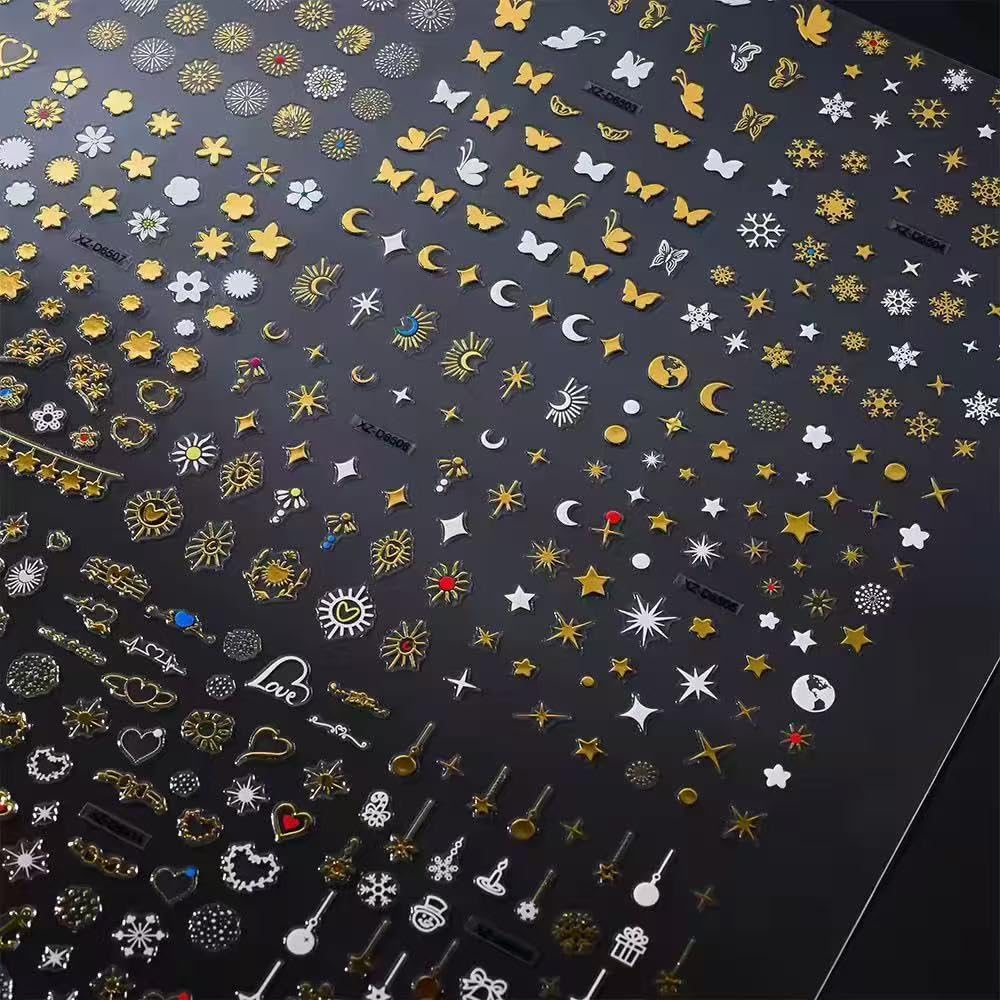 20 Sheets Gold Nail Stickers Star Moon Nail Art Stickers 3D Embossed Self Adhesive Nail Decals Flower Butterfly Heart Nails Design Nail Art Decals for Women Manicure DIY Decoration