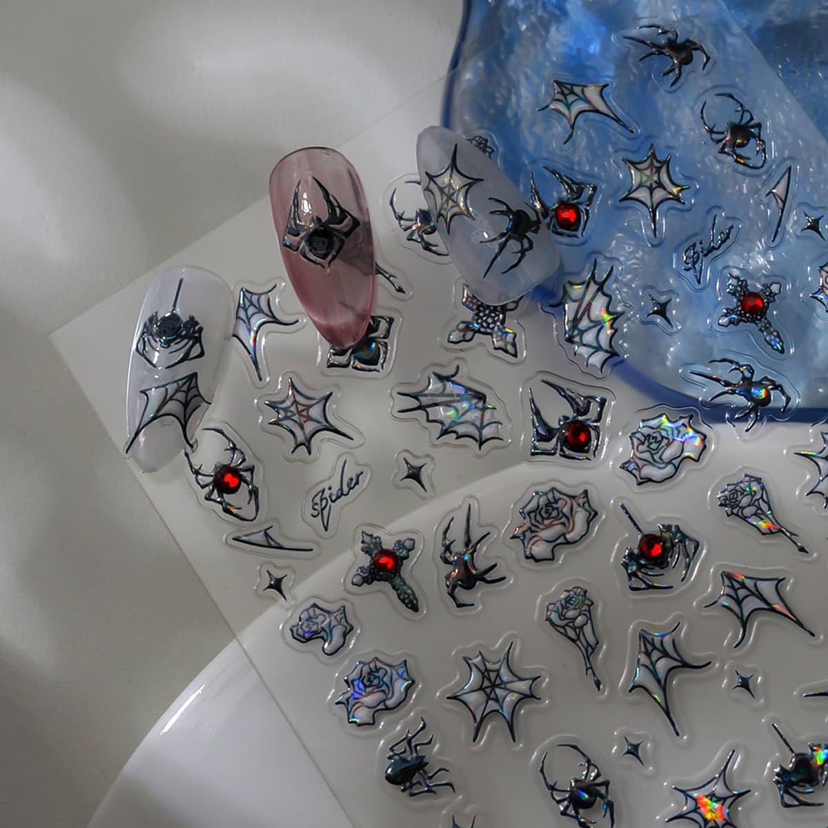 Spider Web Nail Stickers Flower Nail Decals with Rhinestone Design 5D Self Adhesive Nails Art Stickers Charms Supply for Women Girls Kid Halloween Manicure DIY Decoration Accessories