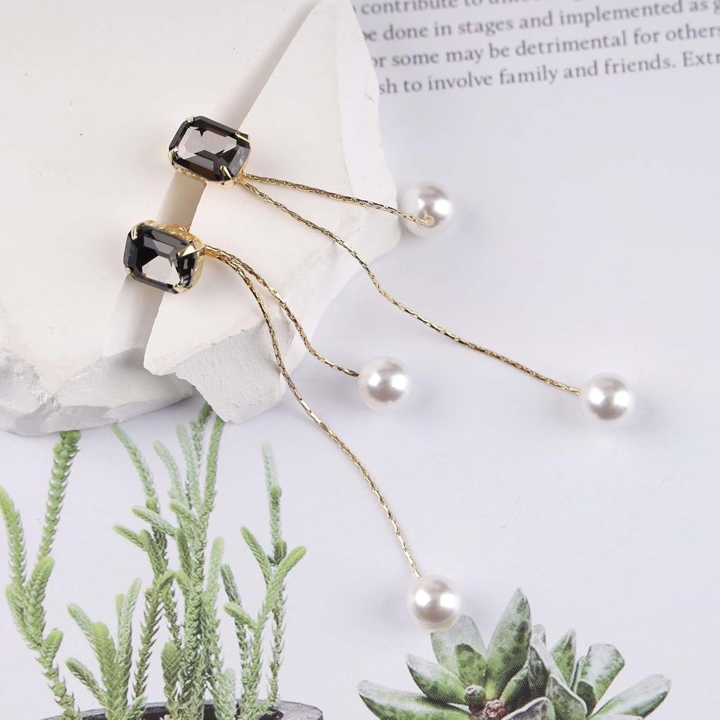 Vintage Black Crystal Pearl Drop Earrings Gold Long Tassel Pearl Earrings Rhinestone Pearl Chain Earrings Black Square Crystal Earrings Jewelry for Women