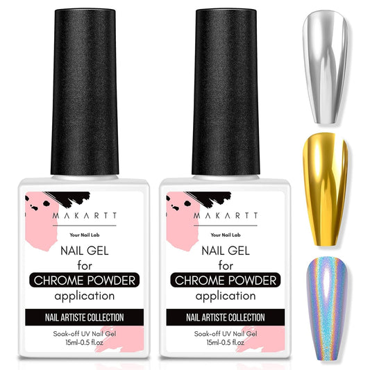 Makartt Gel Top Coat for Chrome Nail Powder - 2 Pcs 15ml Clear No Wipe High Gloss Top Coat Gel Nail Polish Mirror Shine Long Lasting Easy Application, Soak off UV Lamp, DIY Home Salon Art Design
