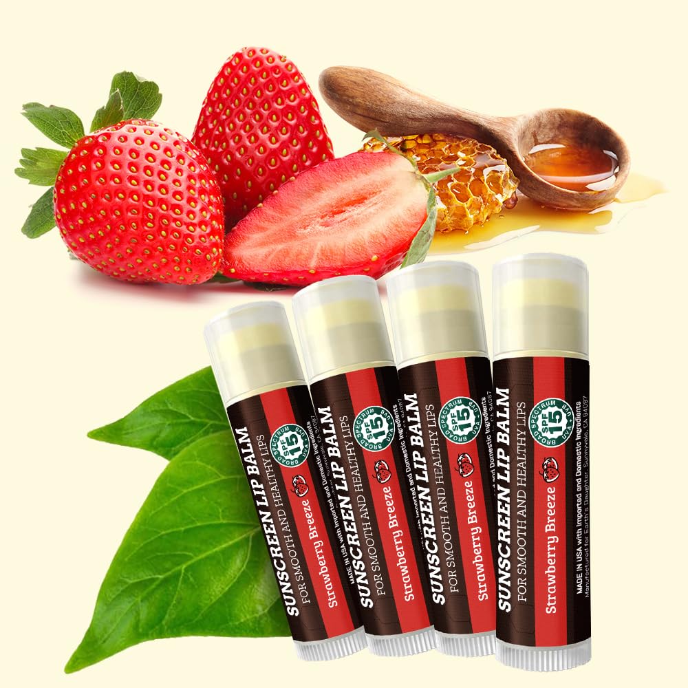Earth's Daughter SPF Lip Balm 4-Pack Strawberry Flavor - Lip Sunscreen, SPF 15, Organic Ingredients, Beeswax, Coconut Oil, Vitamin E - Hypoallergenic, Paraben Free, Gluten Free