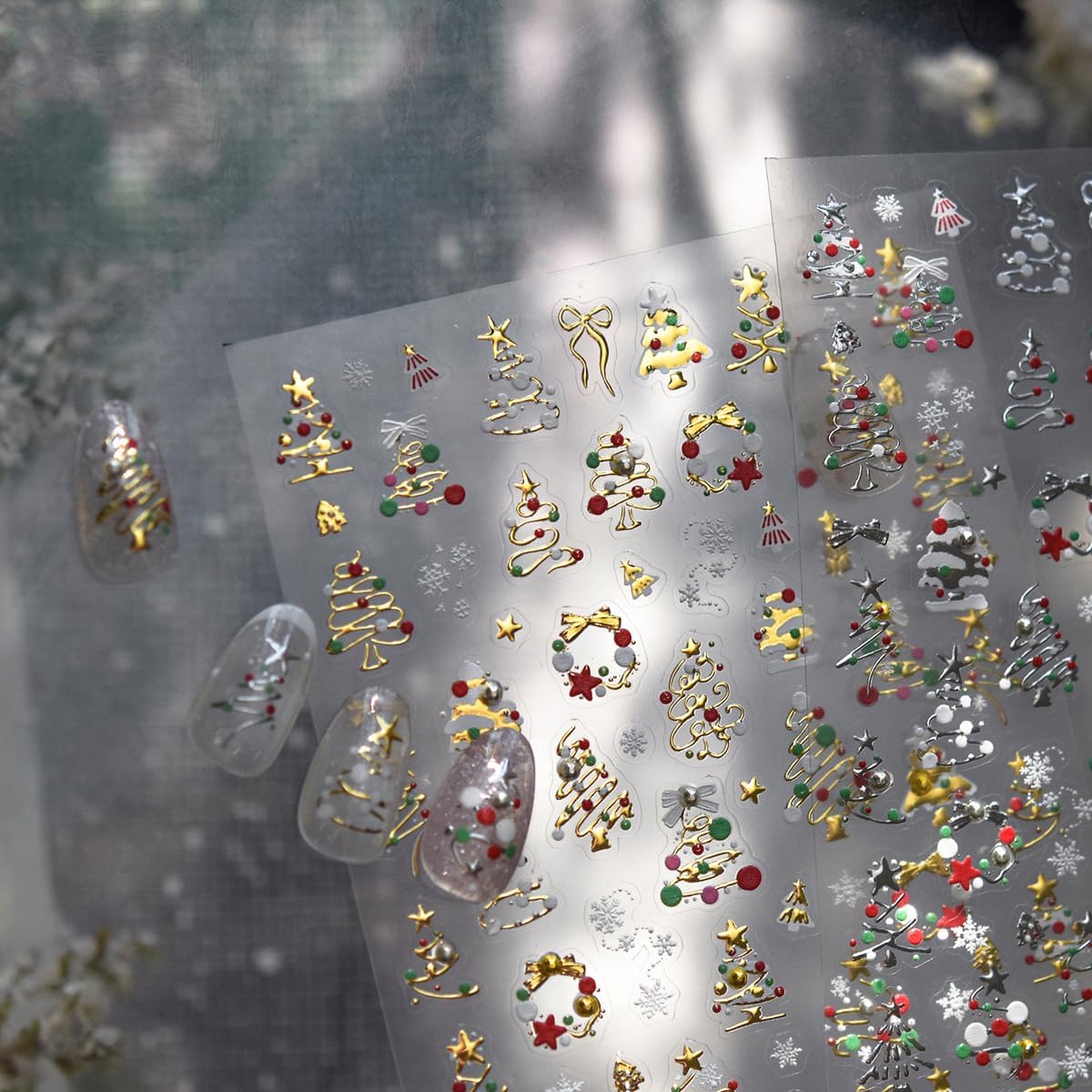 Christmas Nail Stickers Gold Nail Decals Xmas Tree Nail Stickers for Nails Art with Snowflakes Design 5D Embossed Self Adhesive Nails Charms for Women Girls Kid Manicure DIY Decoration Accessories